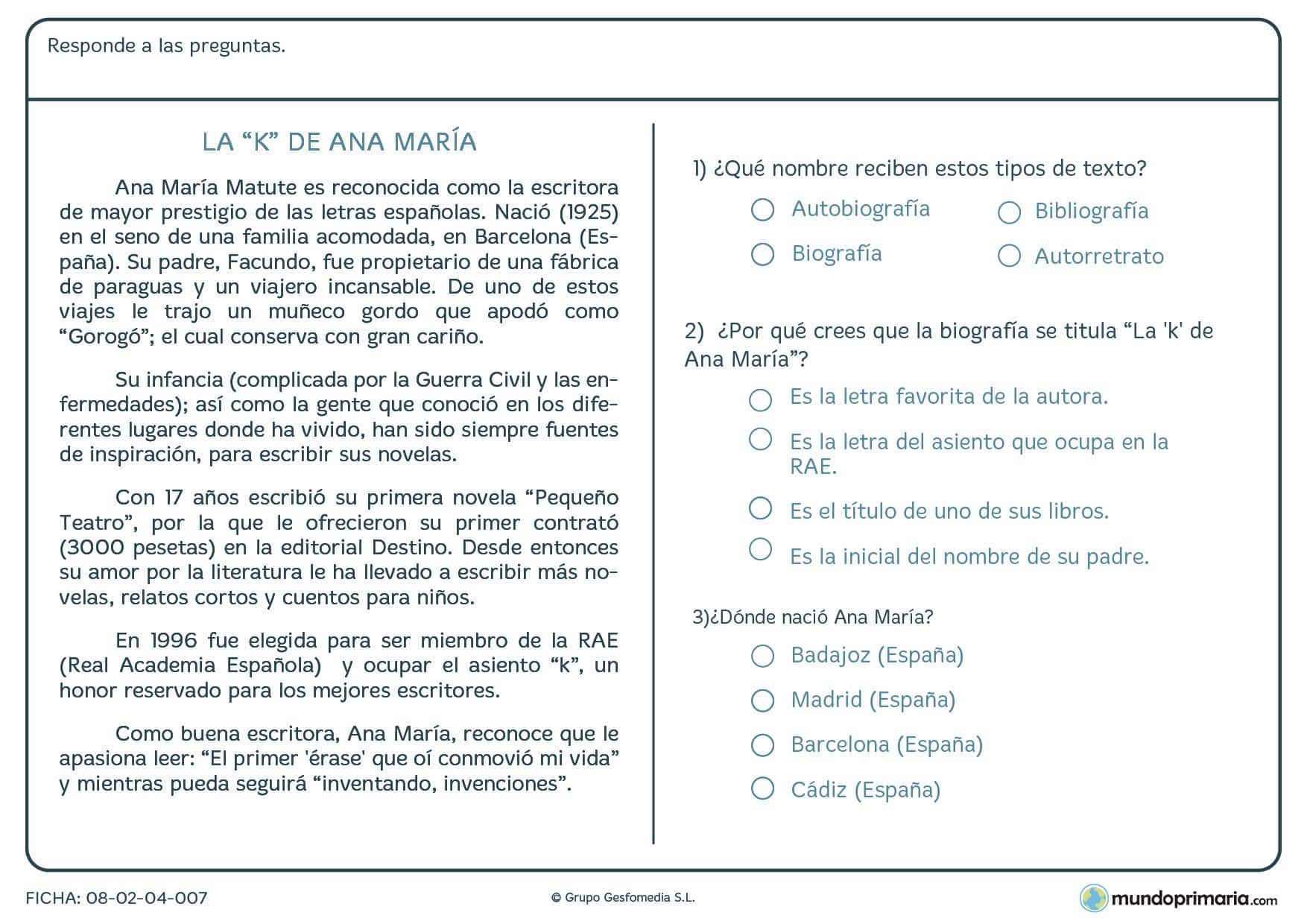 Ficha de preguntas sobre el texto "La K" de Ana María para Primaria