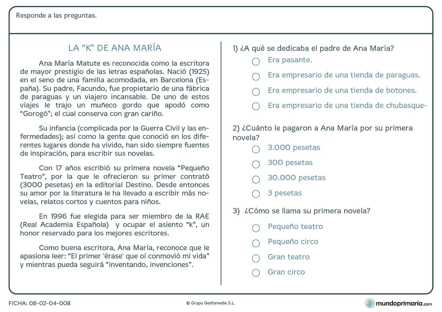 Ficha del texto de Ana María para alumnos de 6º de Primaria