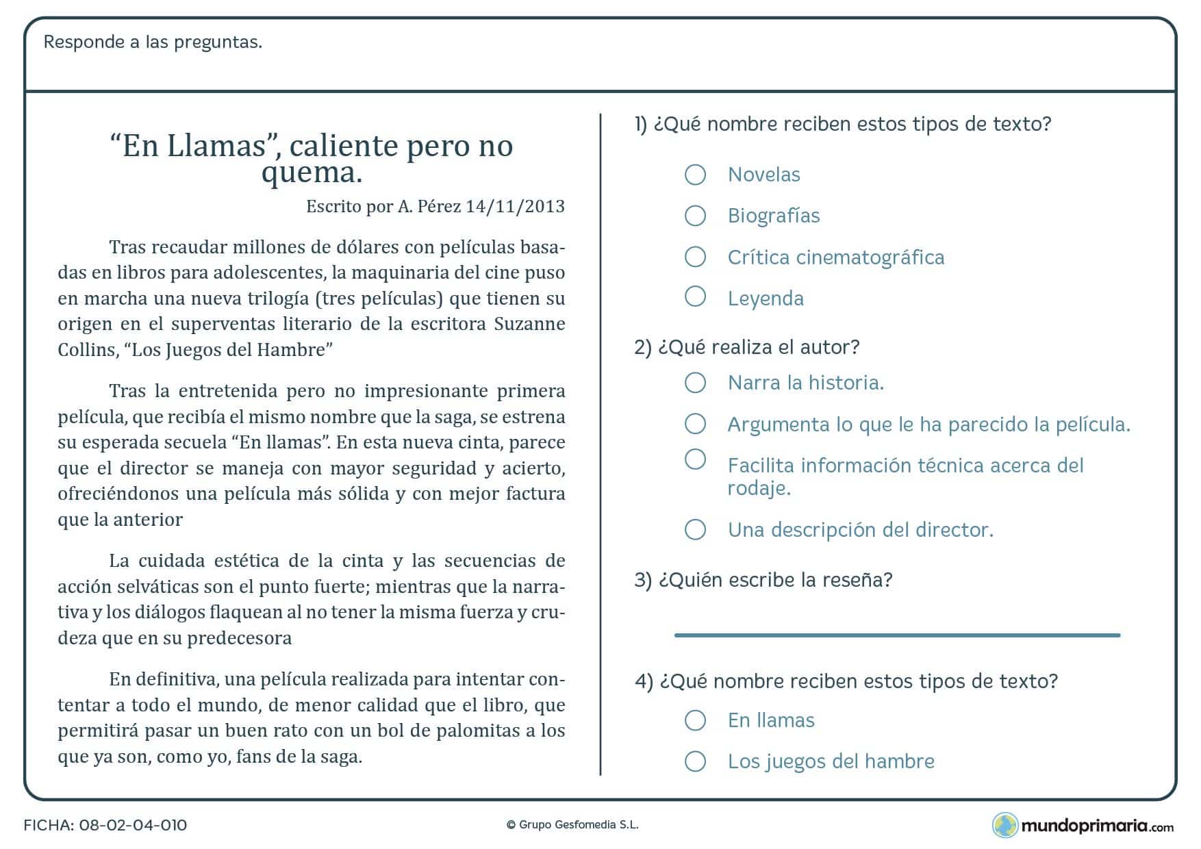 Ficha del texto "En Llamas, caliente pero no quema" de A.Pérez