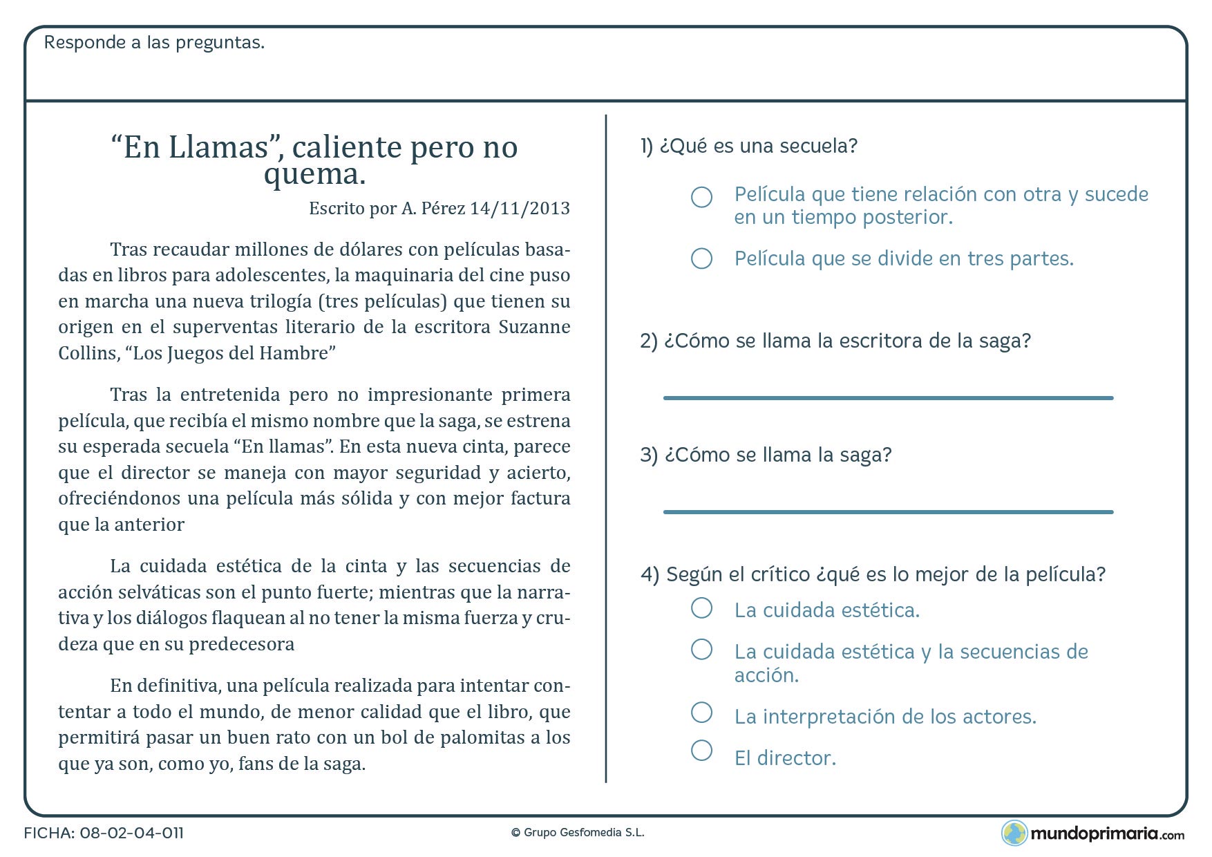 Ficha del teto sobre qué es una secuela y una saga para Primaria