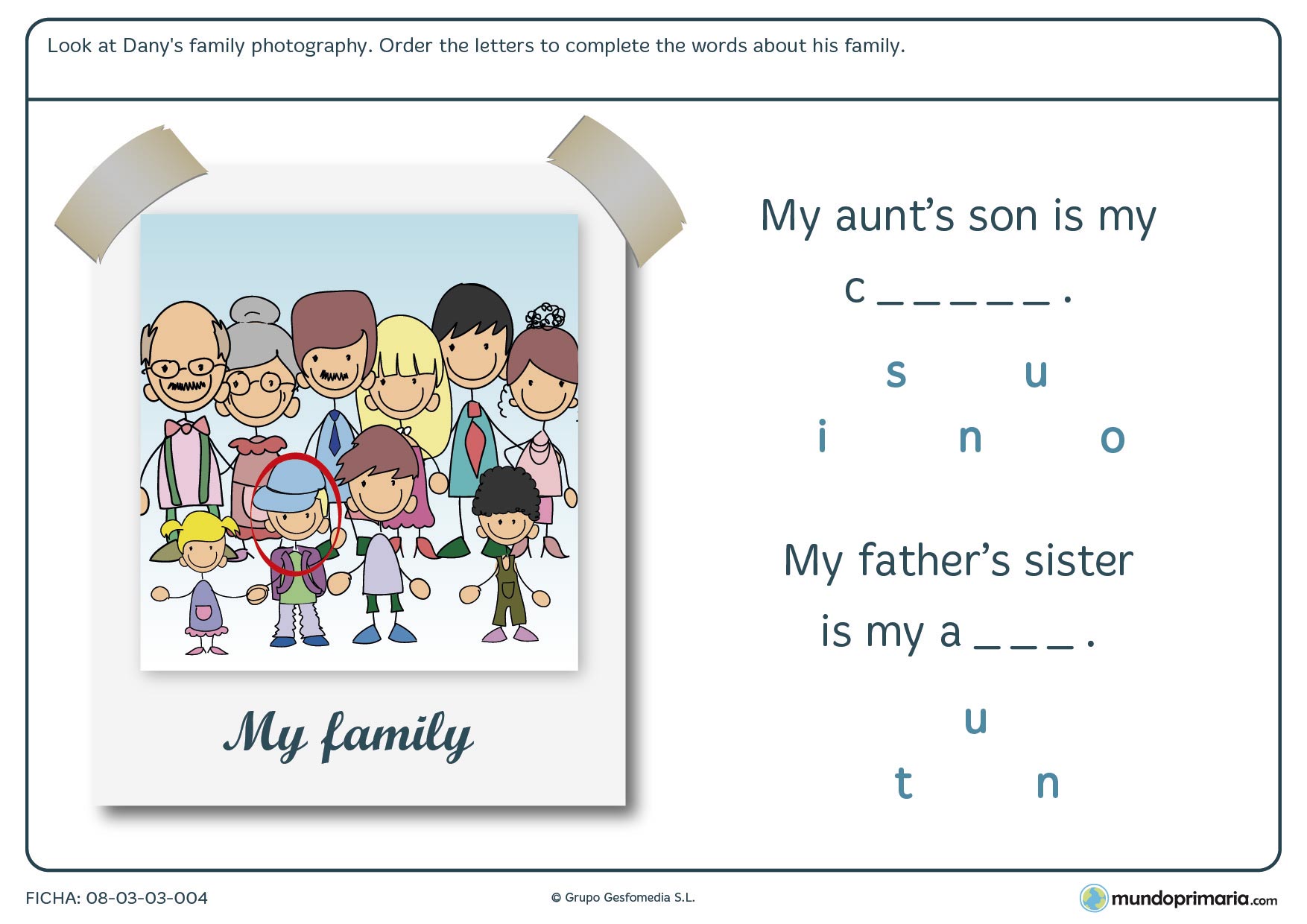 Lámina de relacionar personas de la familia ordenando las letras