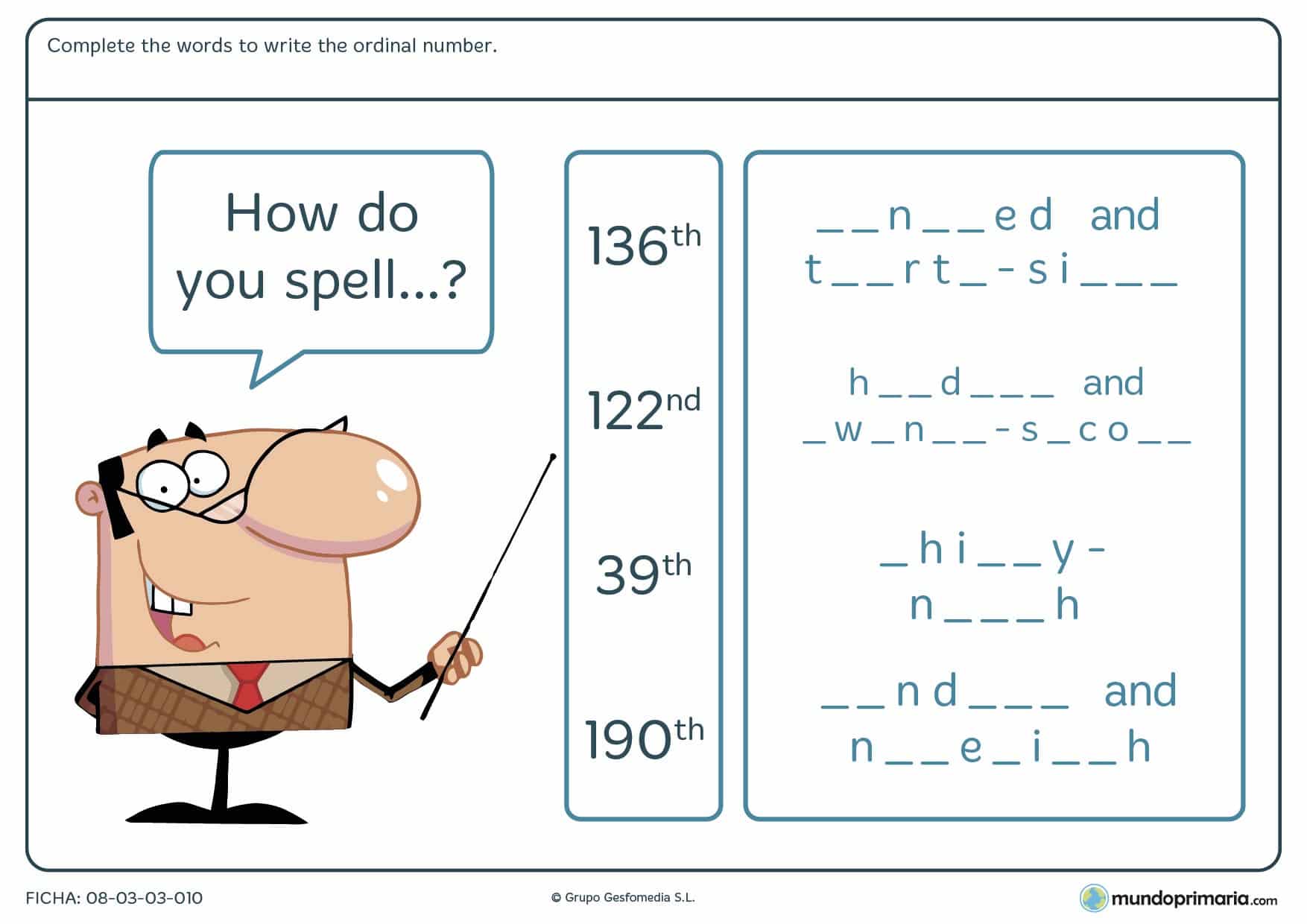 Ficha de terminar de escribir el número ordinal para niños de Primaria