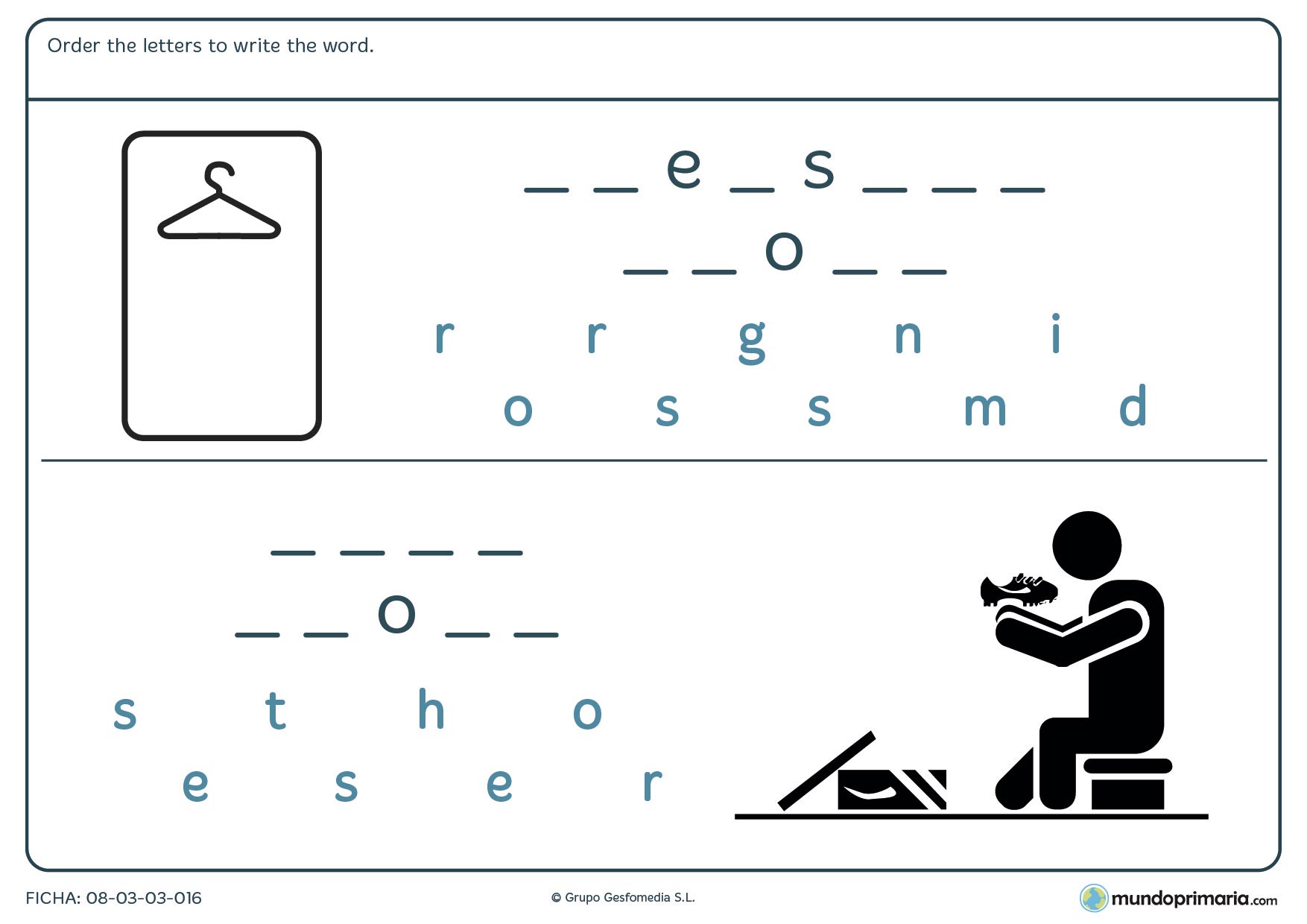 Ficha de deletrear y ordenar las letras para entender los dibujos