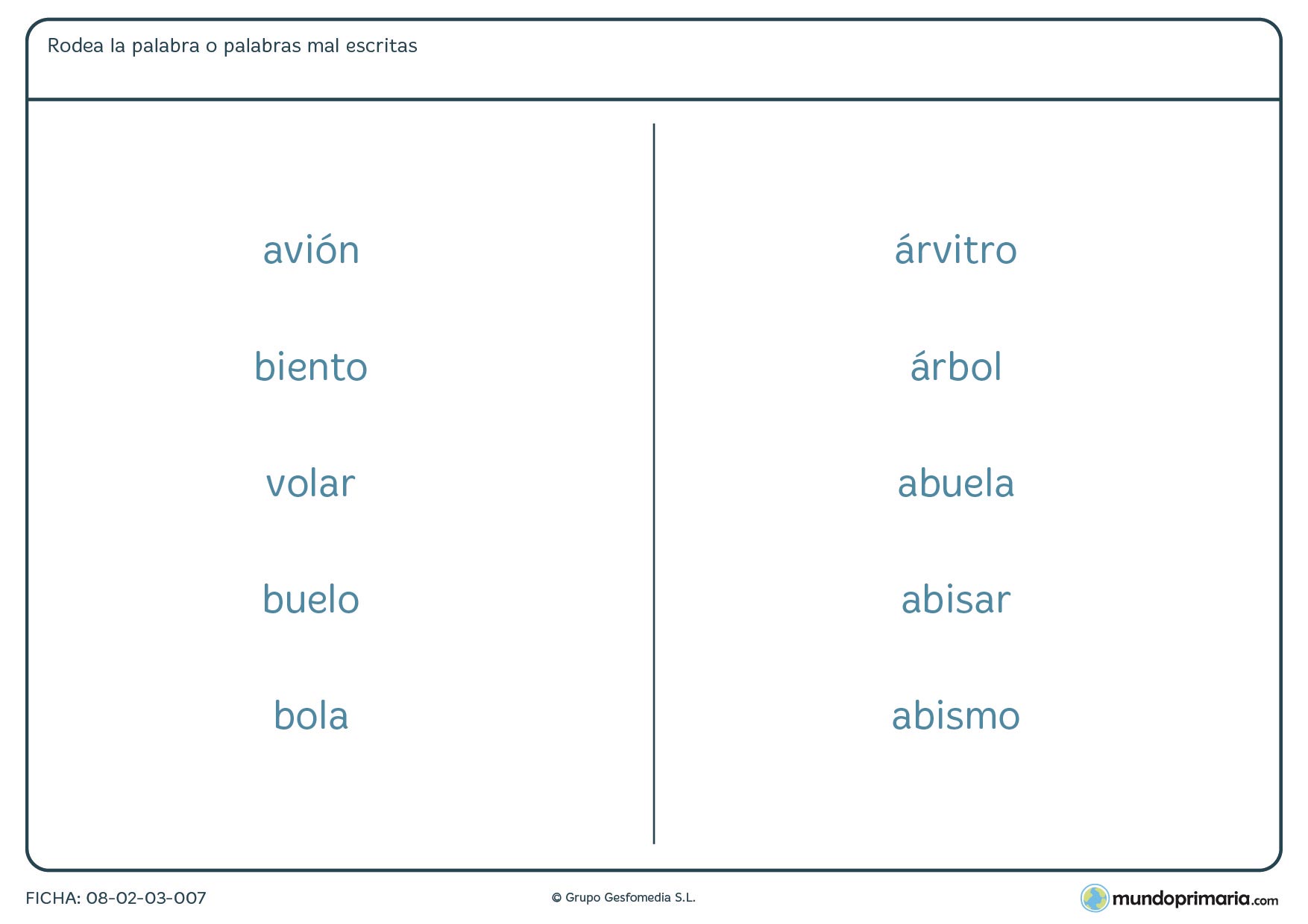 Ficha de b, v y acentos que pueden estar mal escritas para Primaria