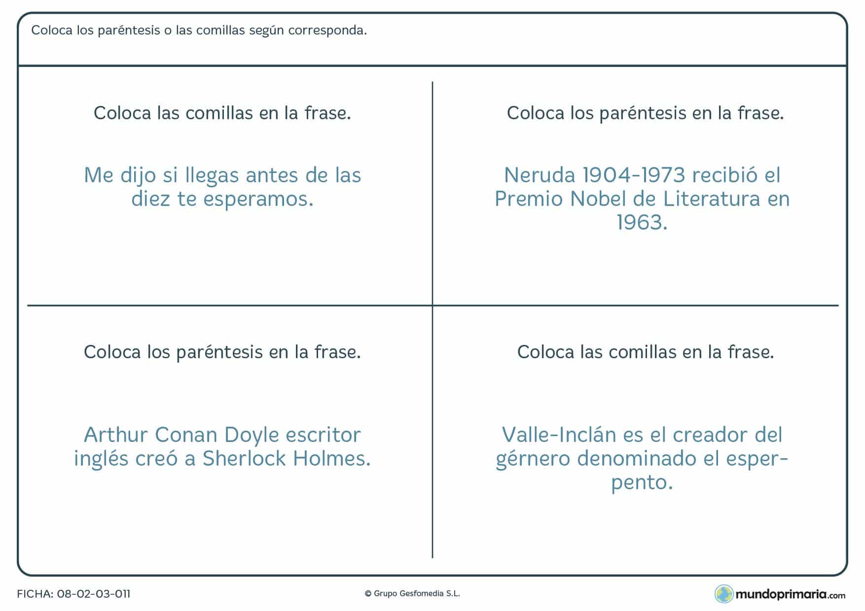 Ficha de situar comillas en refranes para alumnos de 6º de Primaria