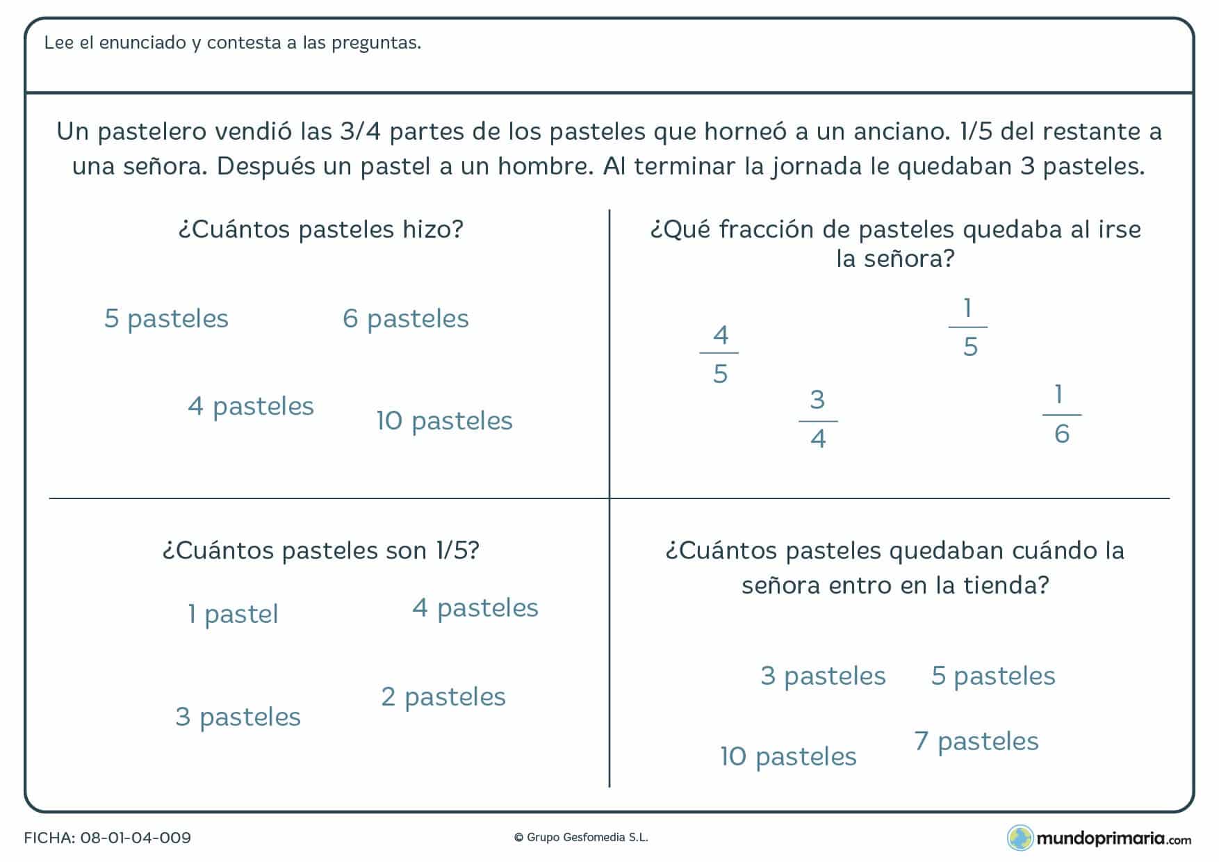 Ficha con problema y 4 respuestas con fracciones para 6º