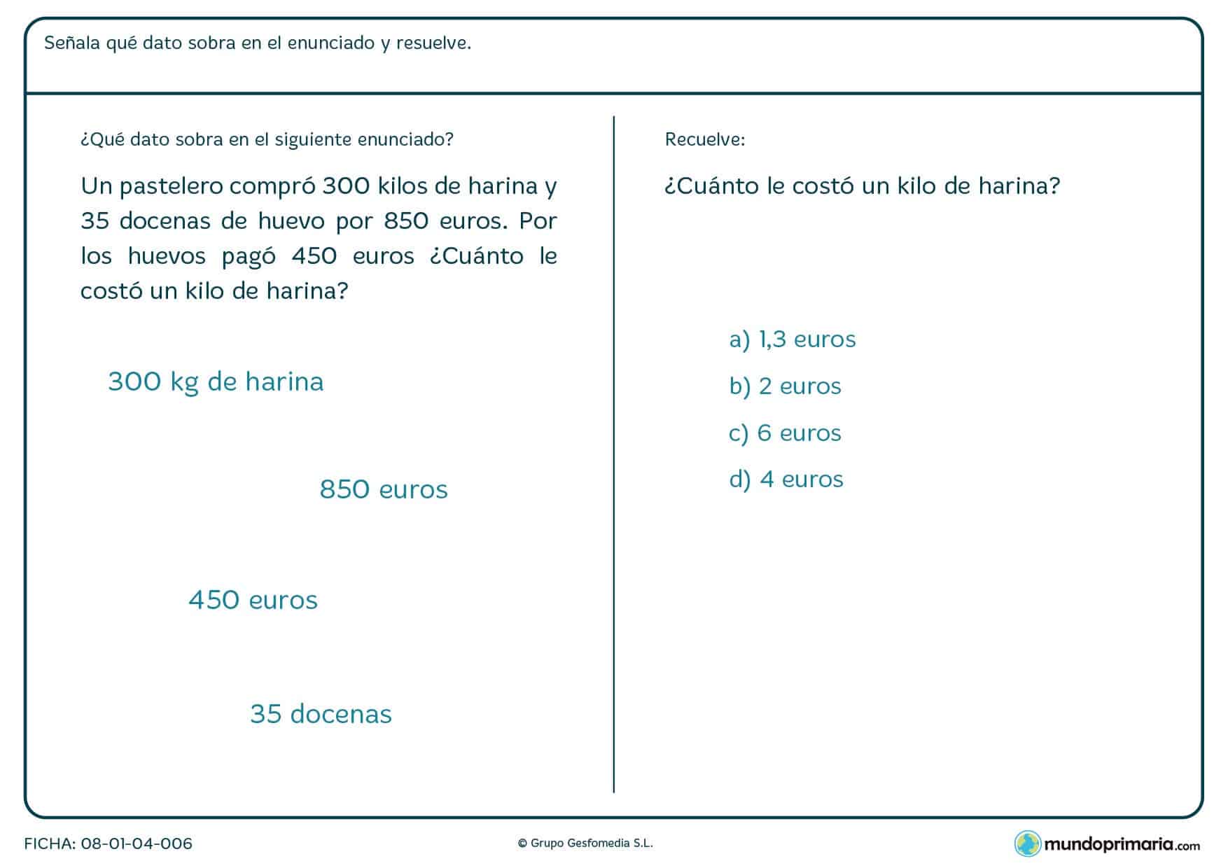 Ficha con problema sobre el precio de la harina para 6º Primaria