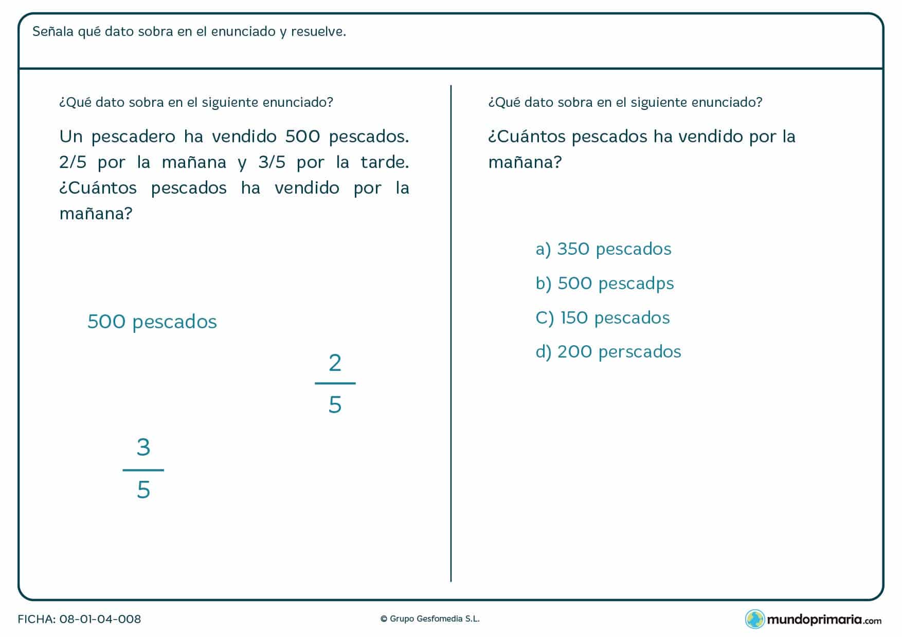 Ficha con problemas con fracciones y numeros enteros para 6º Primaria