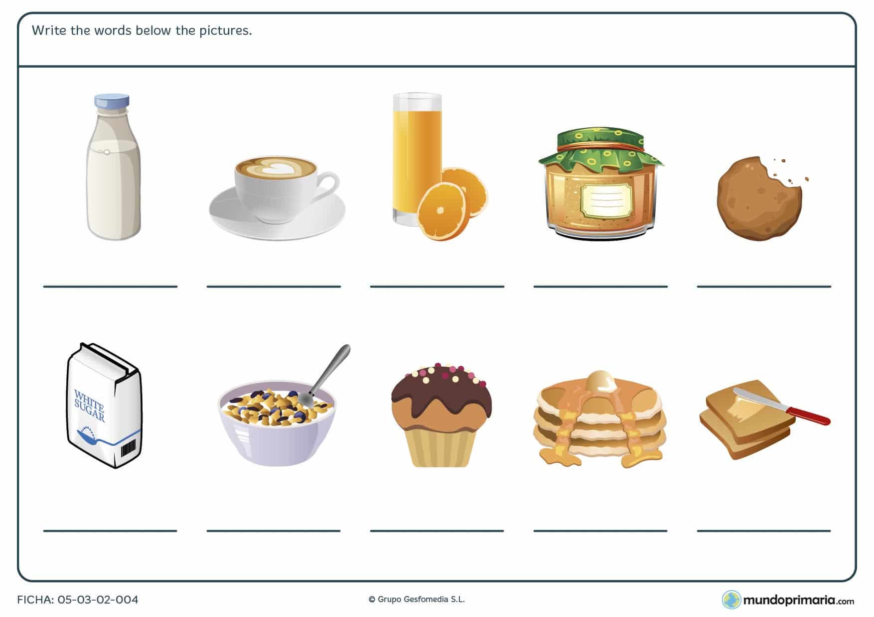 Ficha de alimentos para el desayuno para primaria
