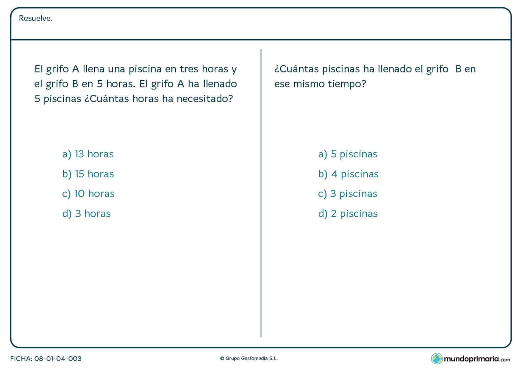 Ficha de calcular horas y el número de piscinas llenas para Primaria