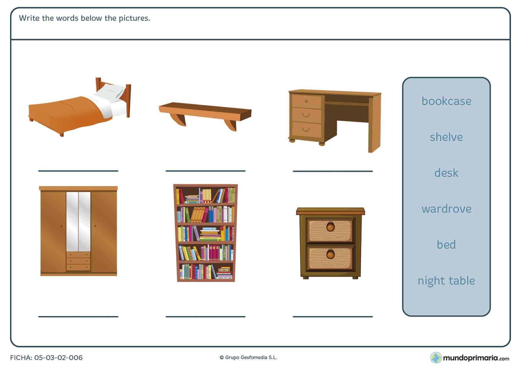 Ficha de muebles de la habitación para primaria