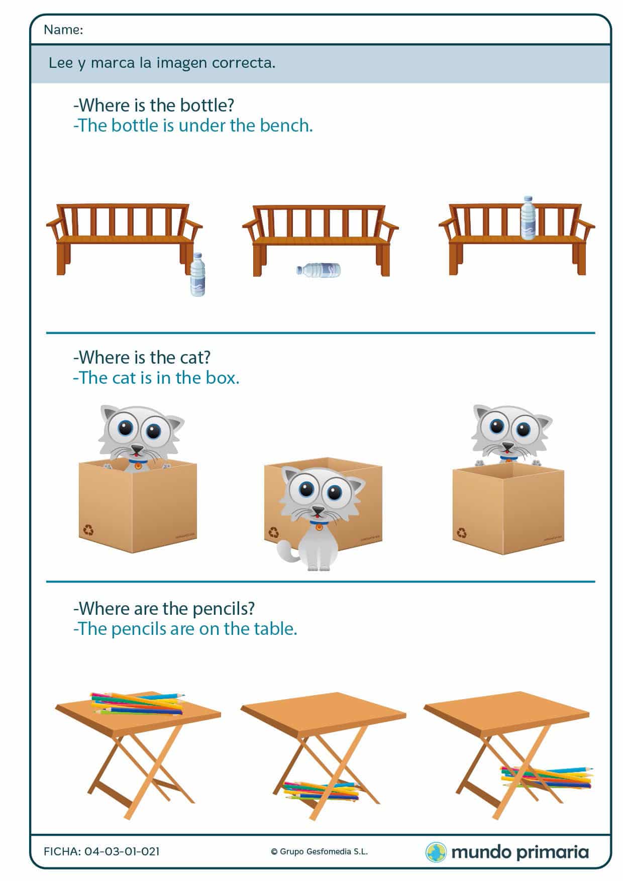 Ficha de preposiciones con objetos y animales para niños de Primaria