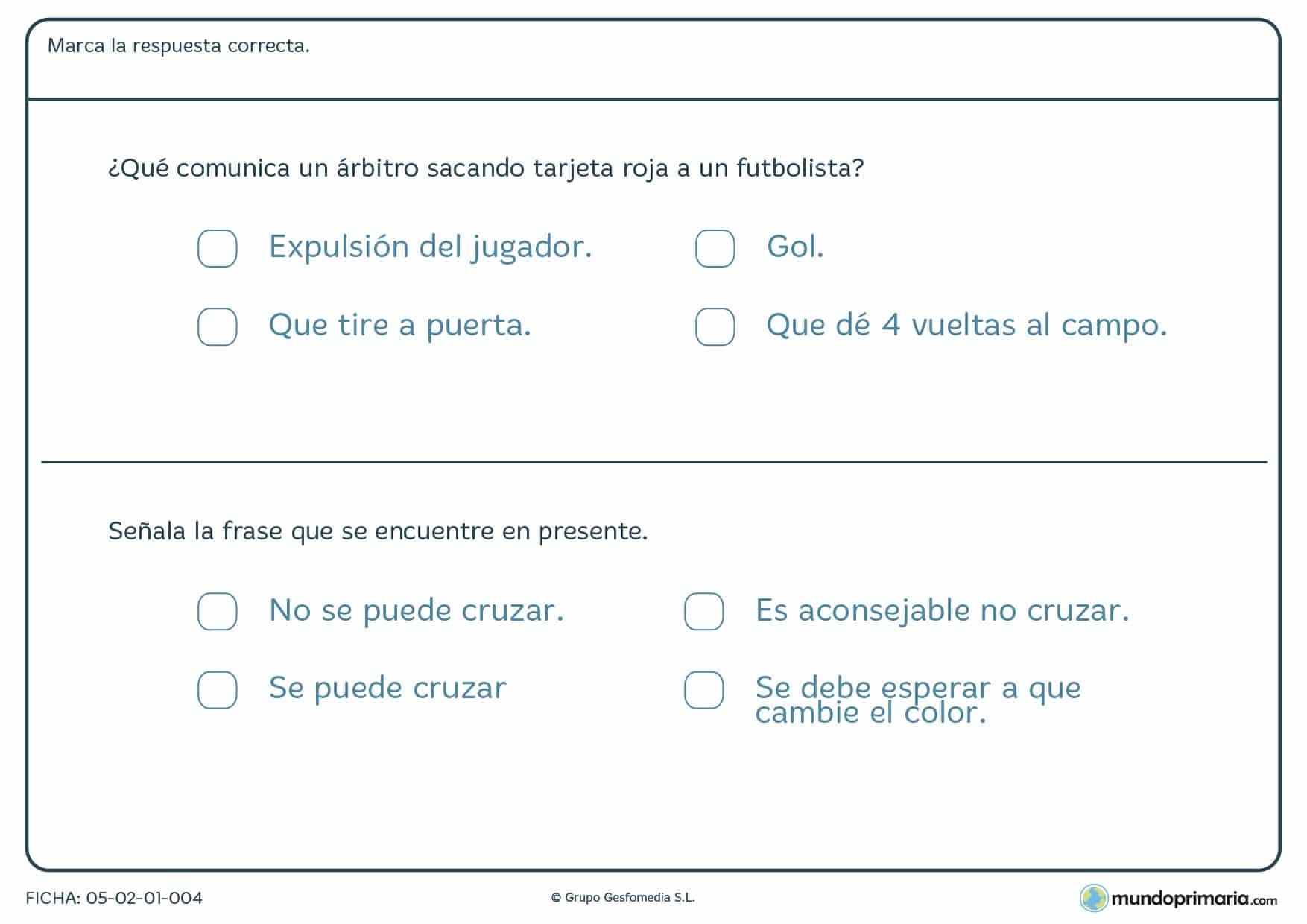 Ficha de lengua de frases en presente para niños de 3º de Primaria