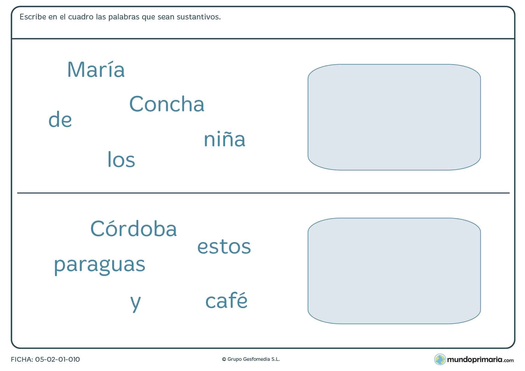 Ficha de lengua de conocer palabras que sean sustantivos para Primaria