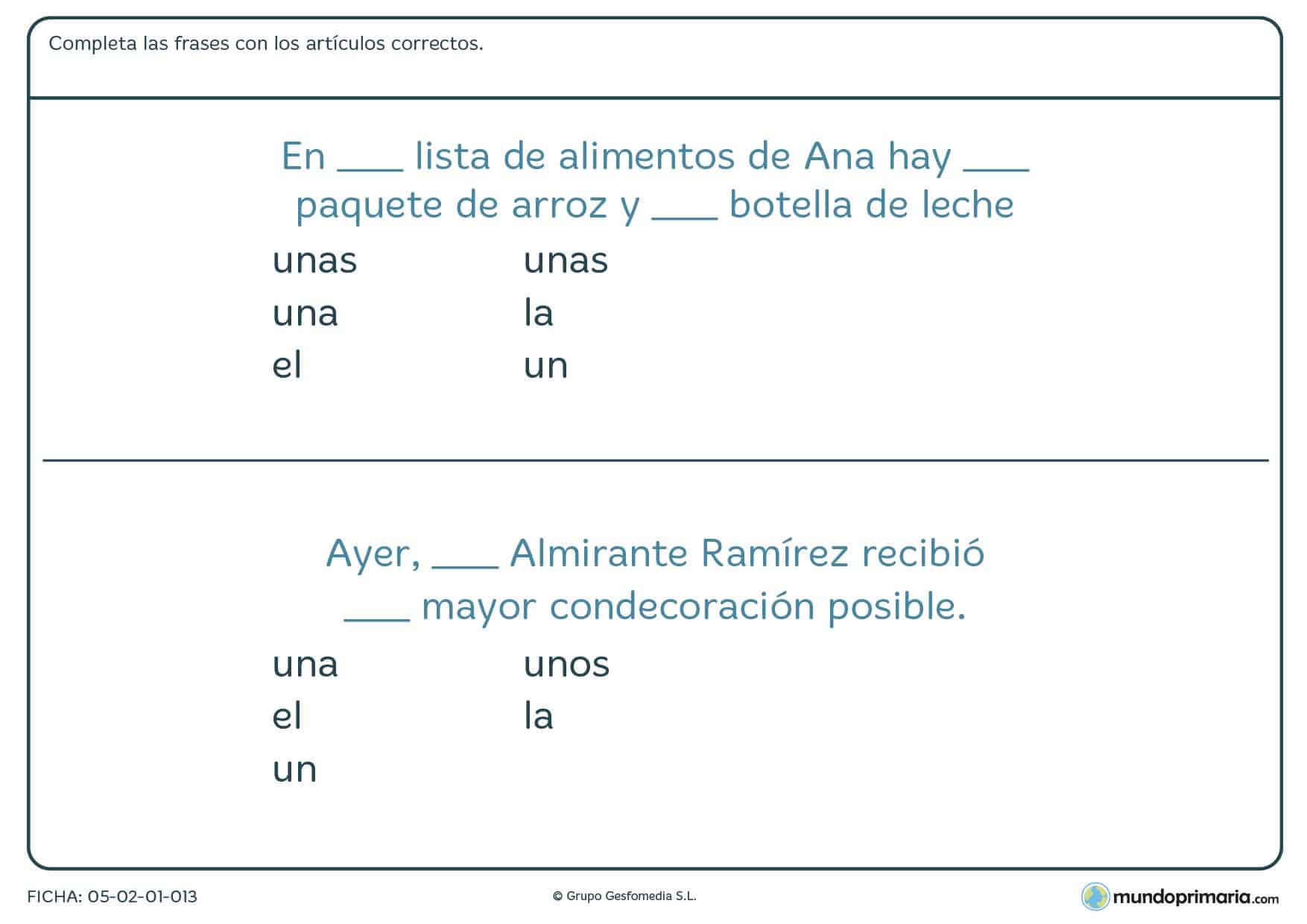 Ficha de lenguaje para utilizar distintos artículos gramaticales
