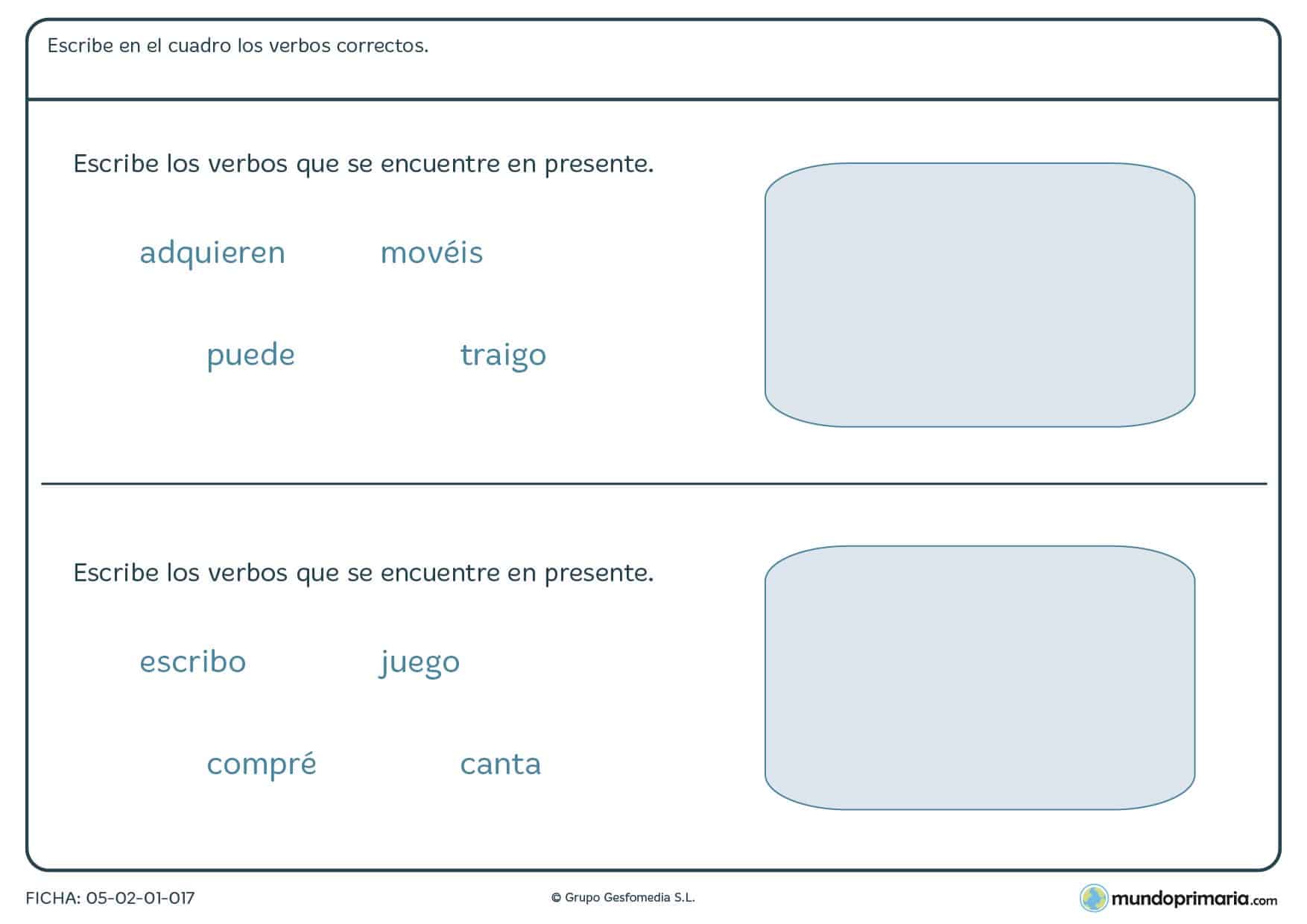 Ficha encontrar los verbos que se encuentren en presente en Primaria