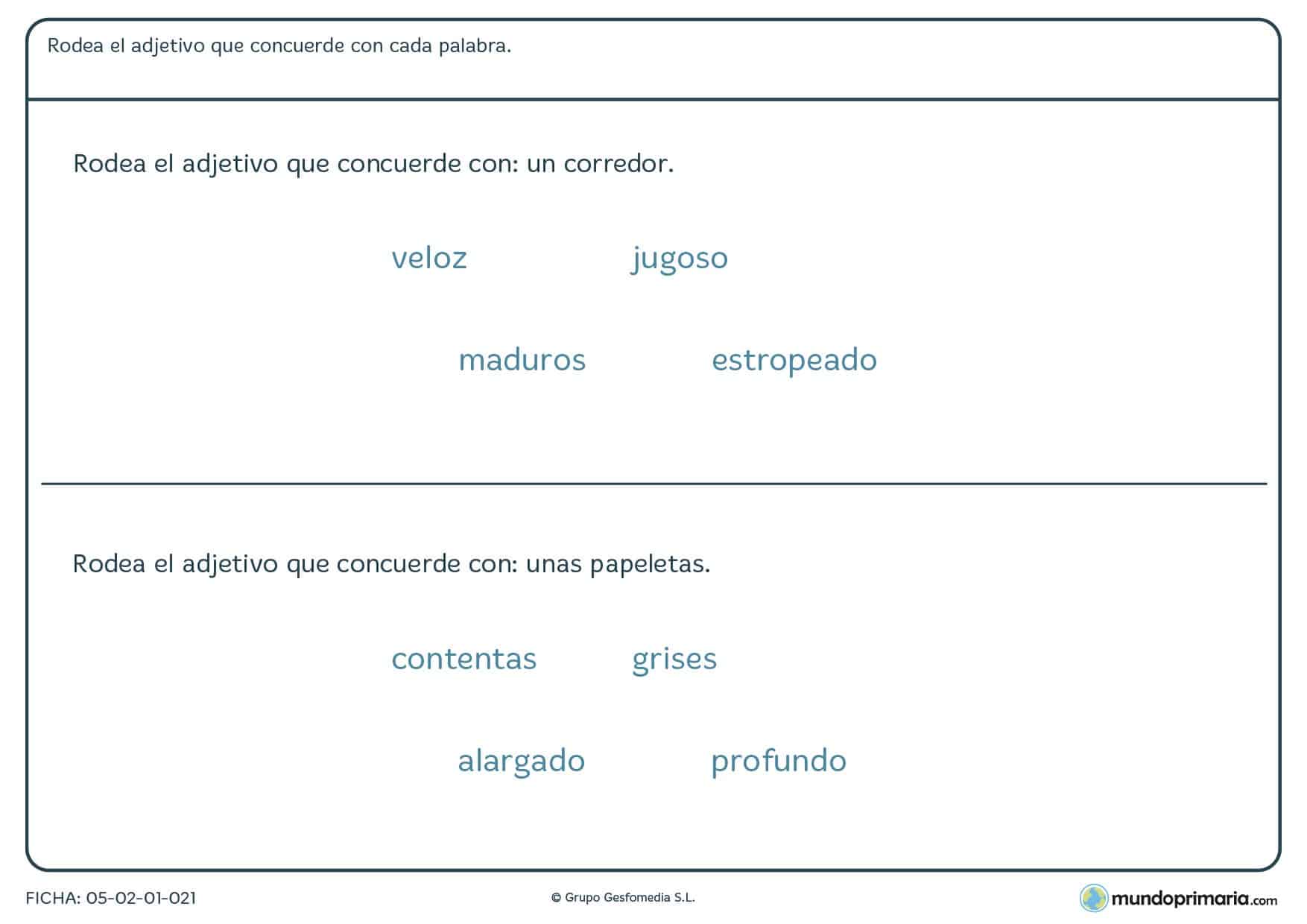 Ficha para niños de rodear el adjetivo que concuerde con cada palabra