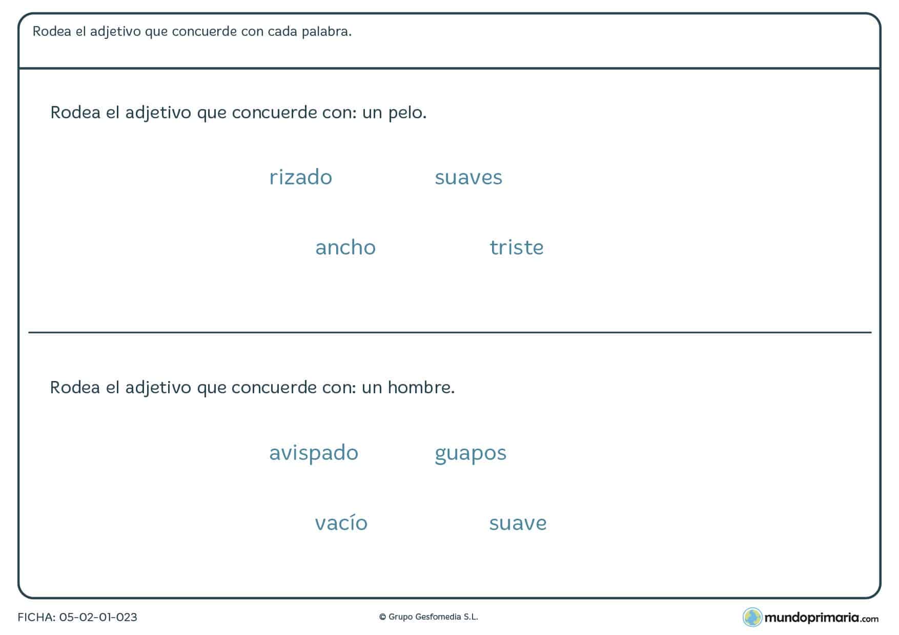 Ficha de adjetivos que coincidan con palabras para niños de Primaria