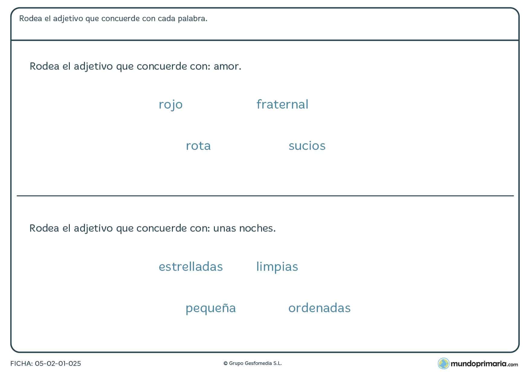 Ficha de lenguaje de gramática de adjetivos para alumnos de Primaria
