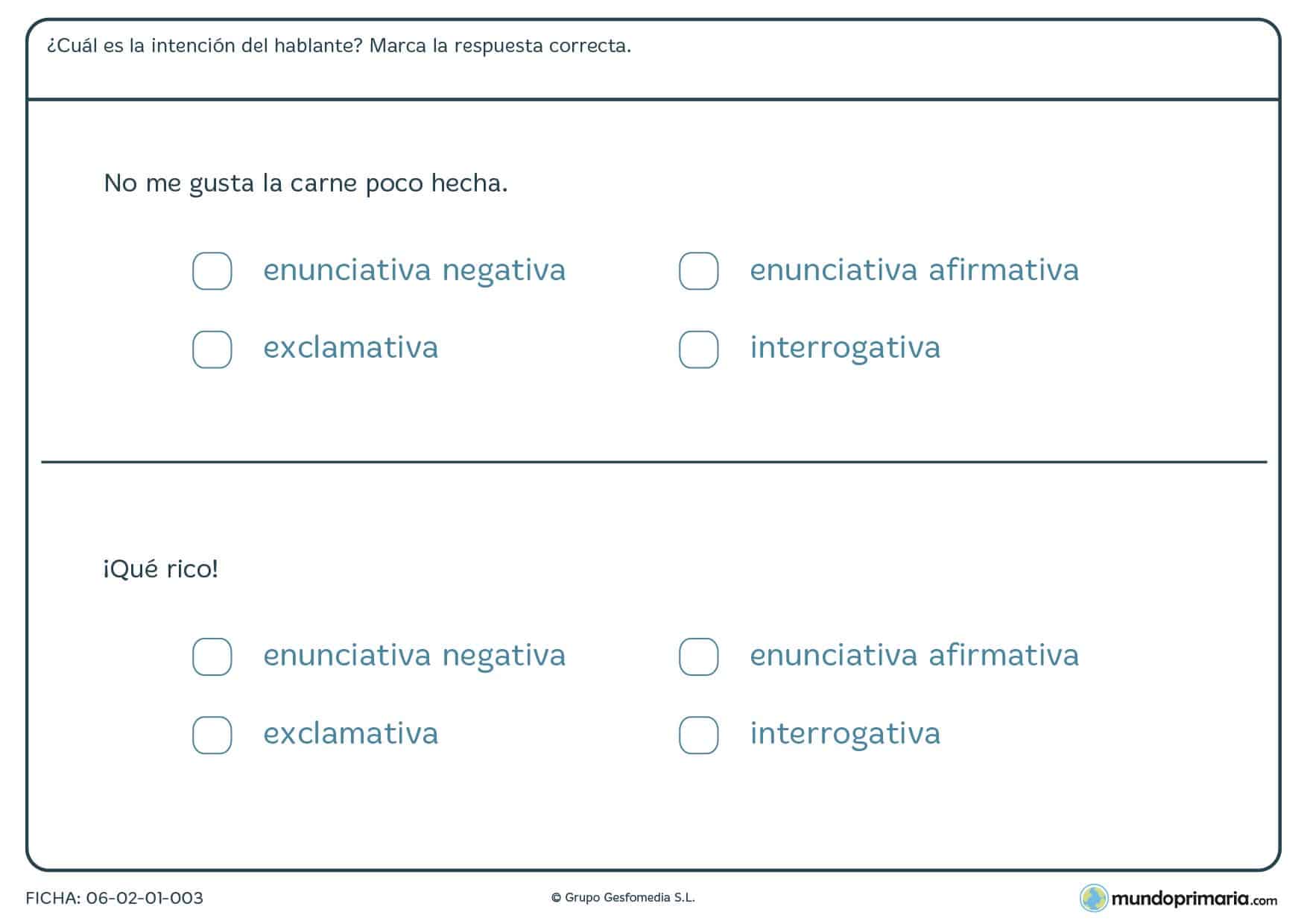 Ficha de tipos de oraciones simples para niños de 4º de Primaria