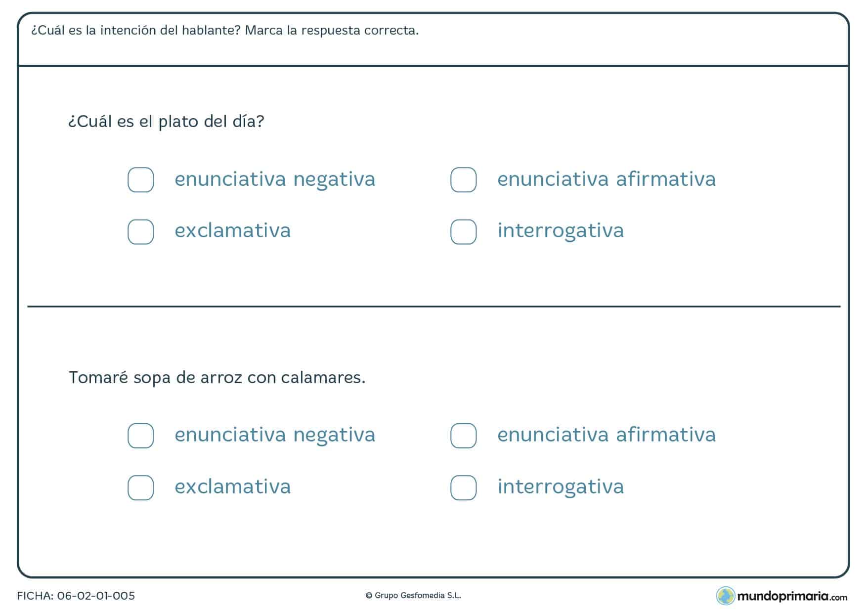 Ficha de oraciones enunciativas, exclamativas e interrogativas