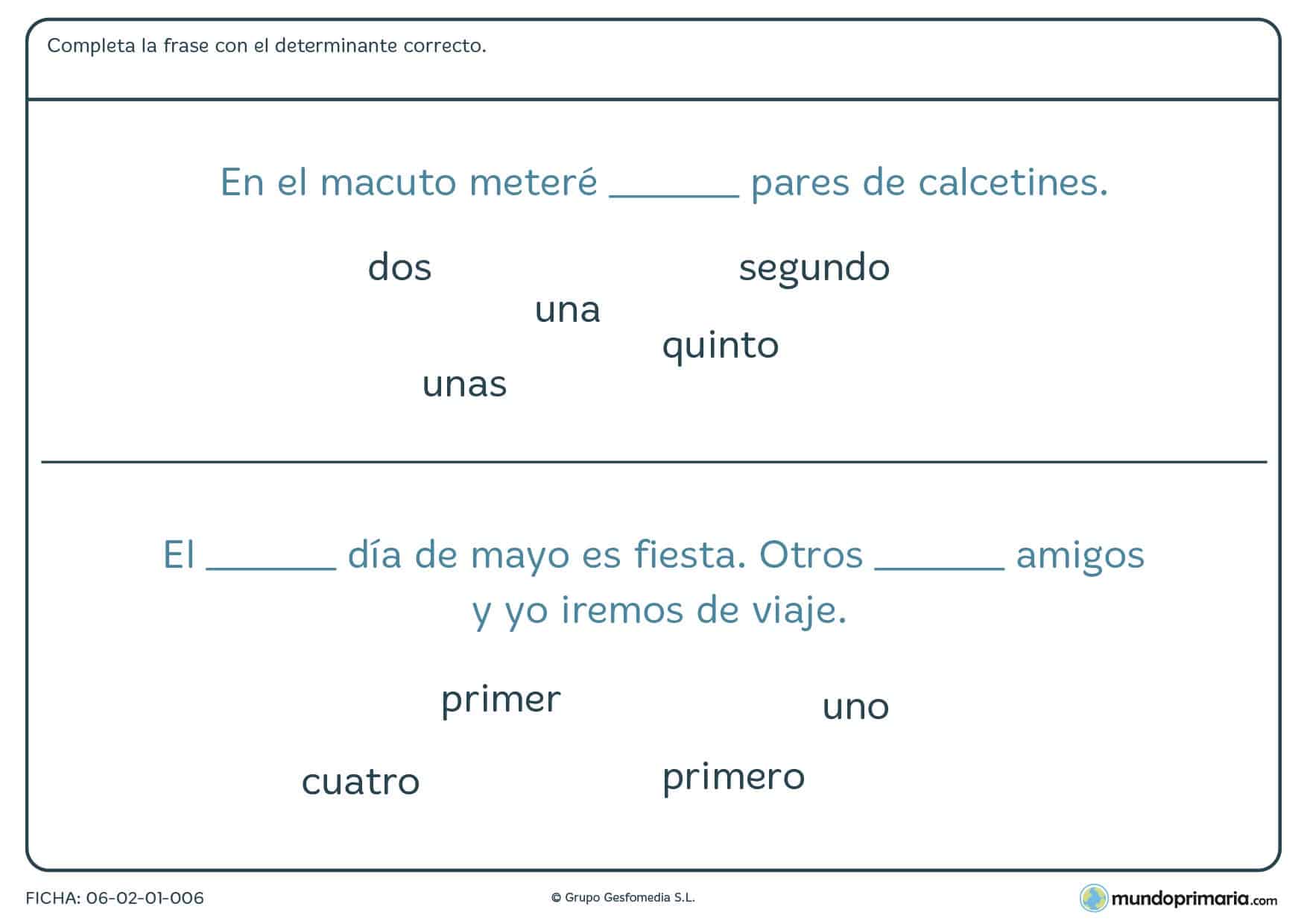 Ficha de determinantes numerales para alumnos de 4º de Primaria