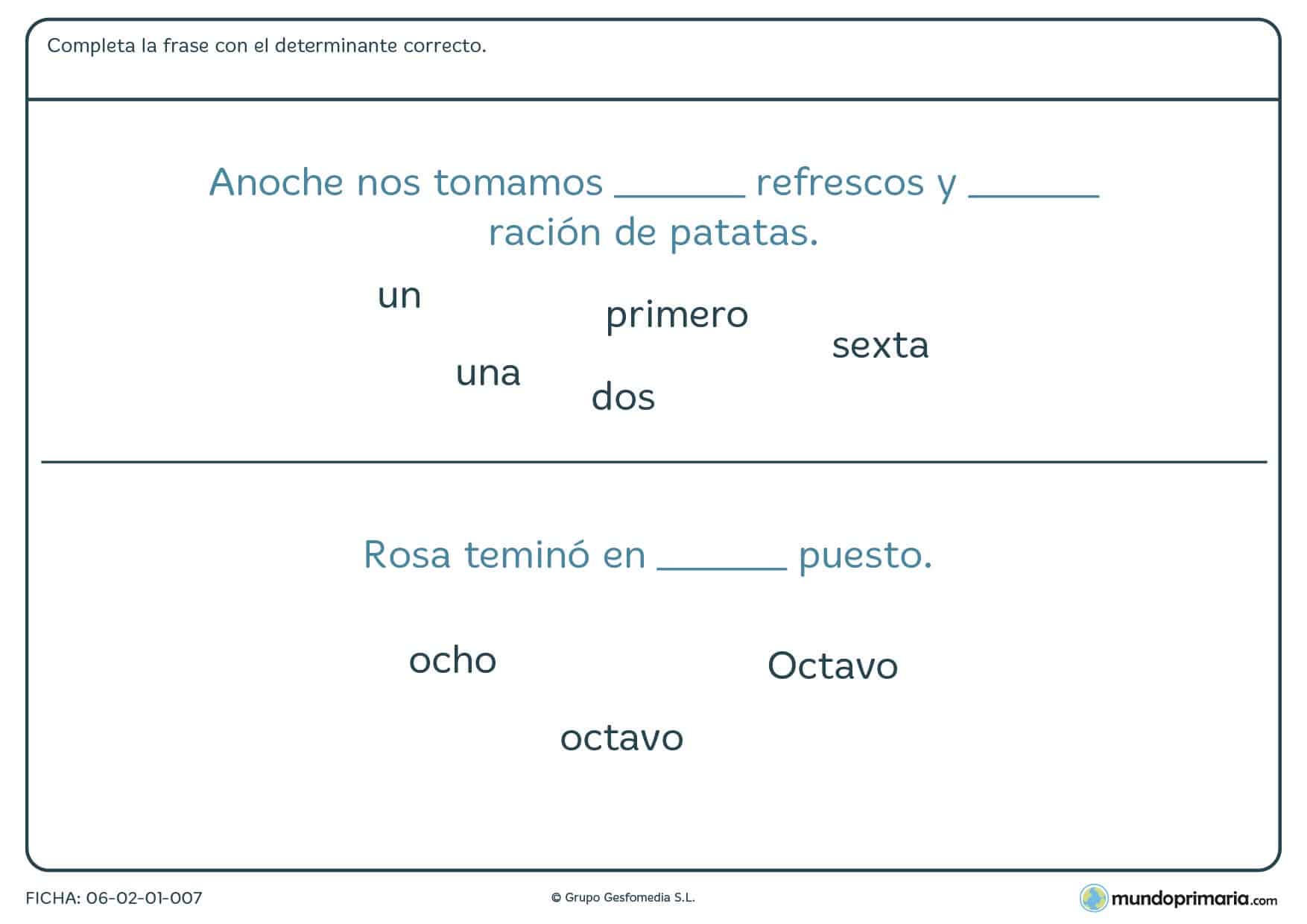 Ficha de lenguaje de numerales ordinales y cardinales para Primaria