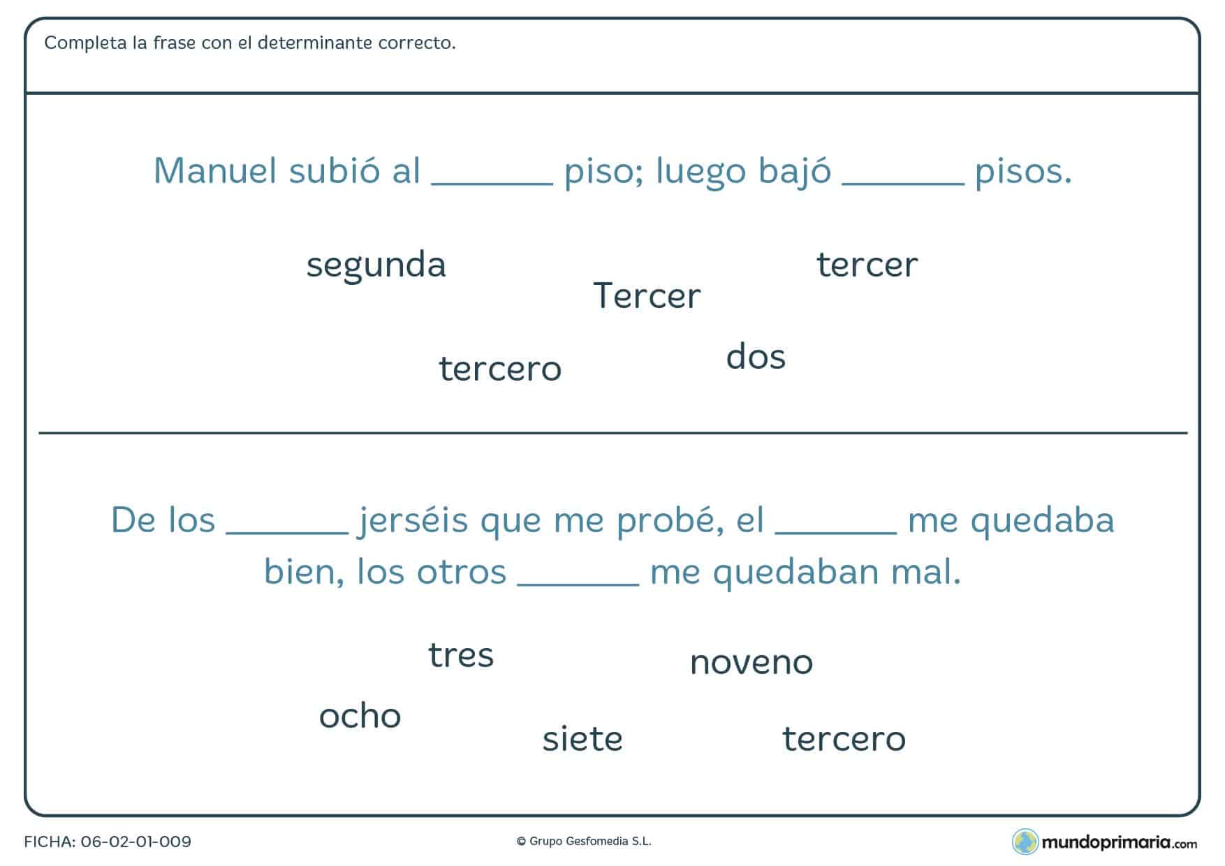 Ficha de gramática de completar las frases con determinantes para 4º