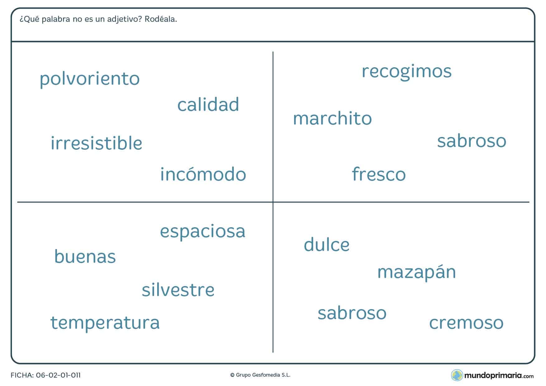 Ficha de rodear la palabra que no sea un adjetivo para 4º de Primaria