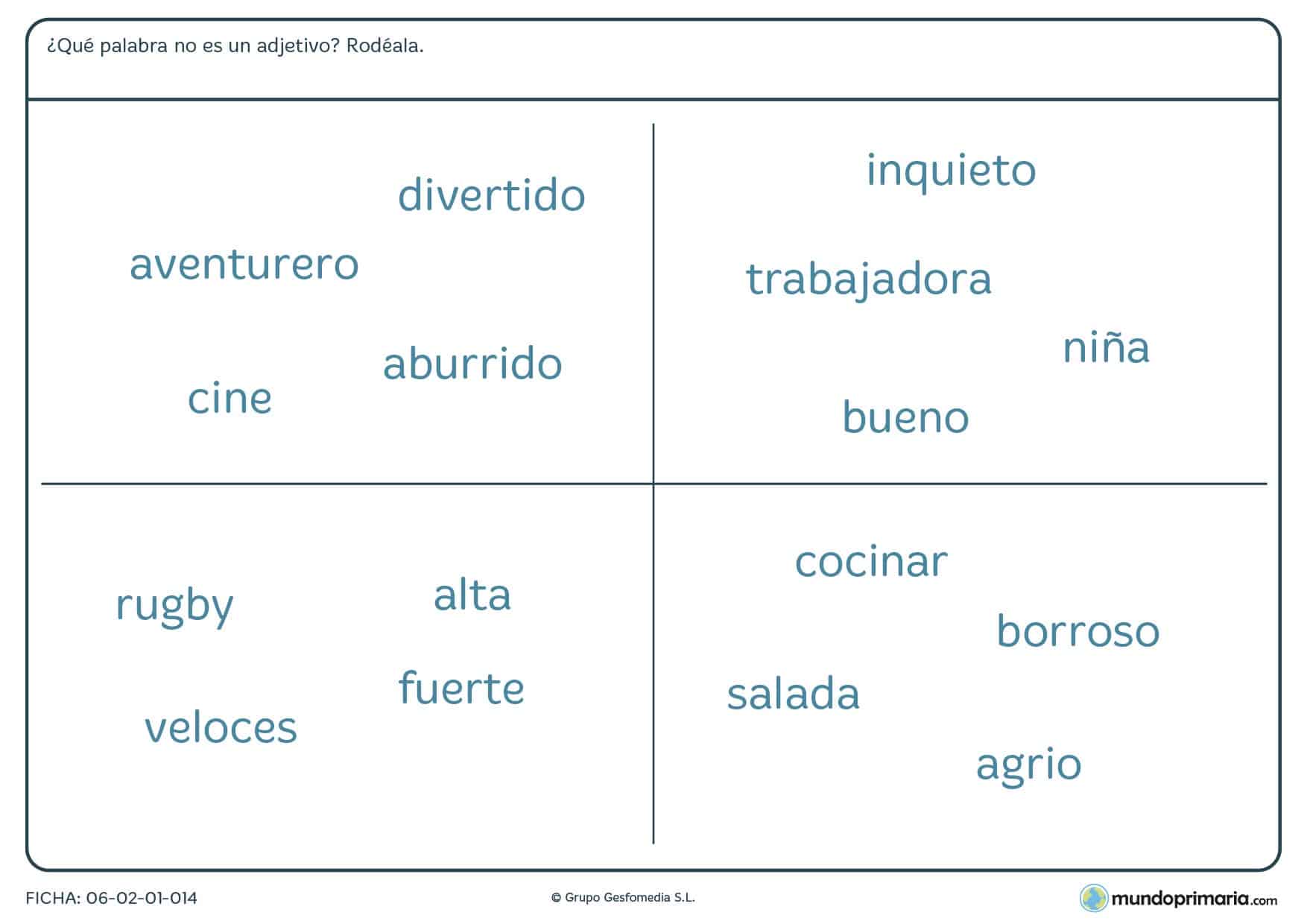Ficha de buscar de entre todas las palabras las que no sean adjetivos