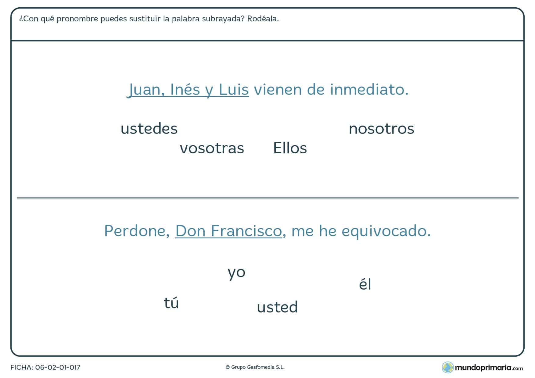 Ficha de cambiar por pronombres para 4º de educación primaria