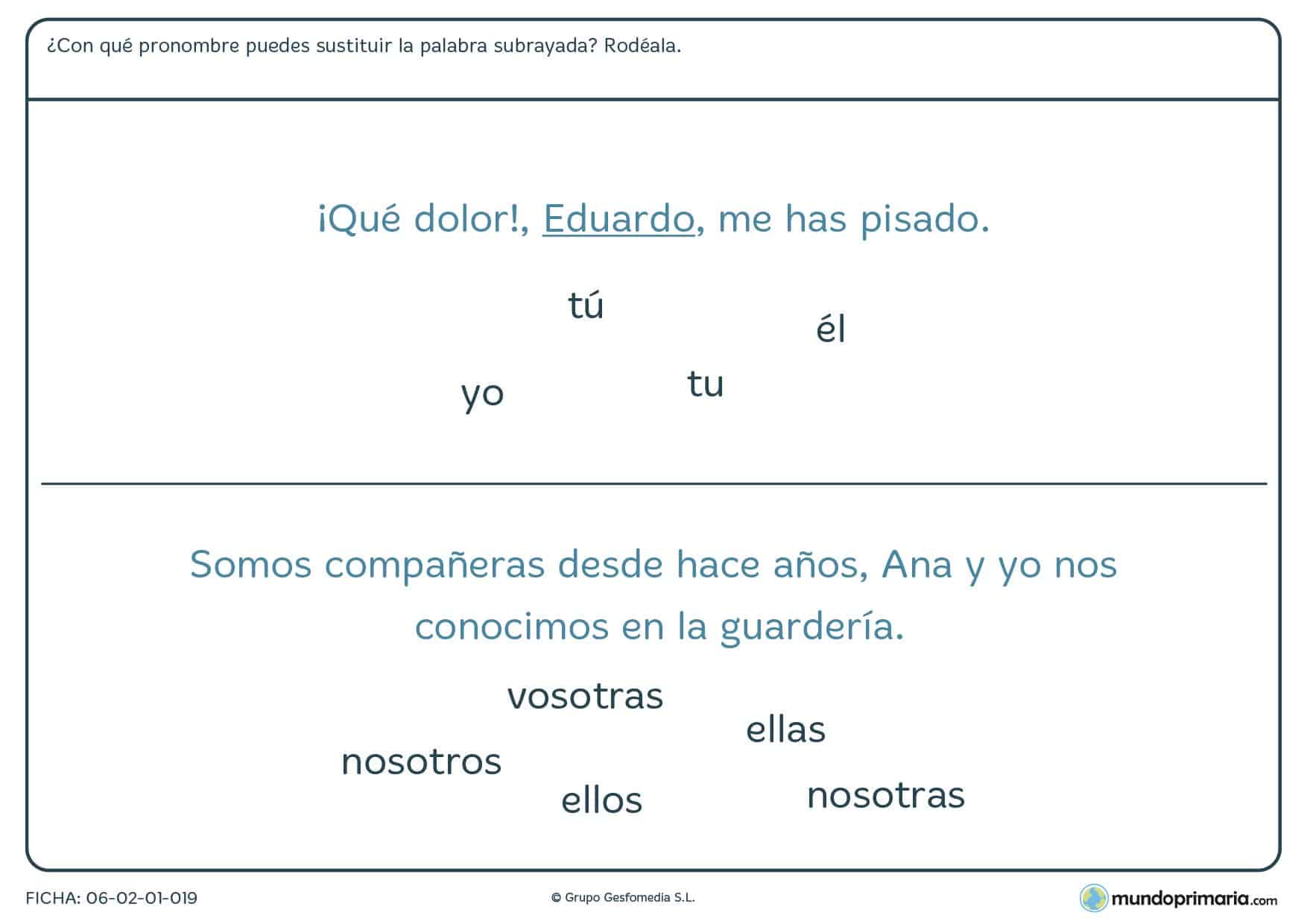 Ficha de lenguaje con pronombres personales para 4º de Primaria