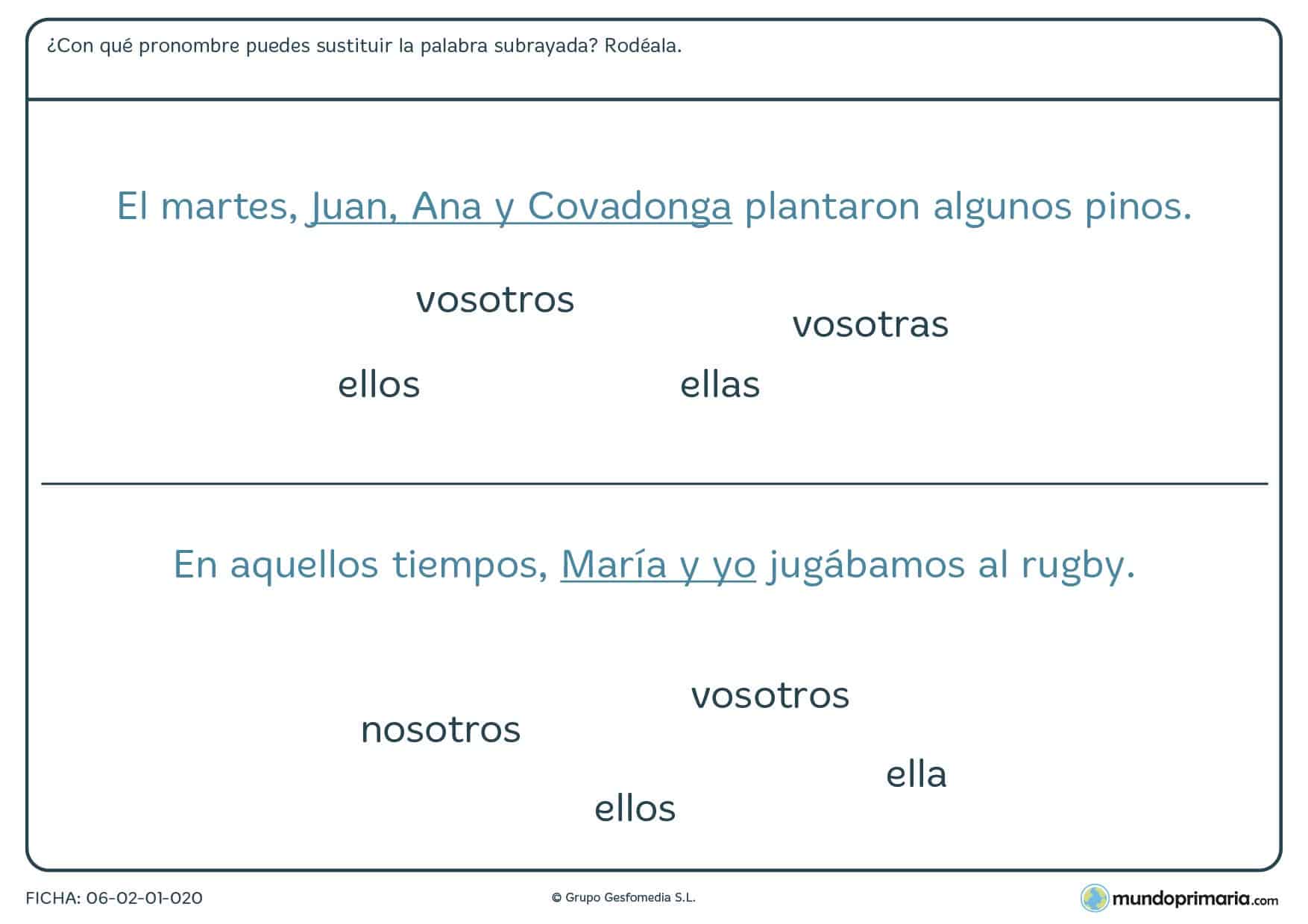 Ficha de lenguaje para sustituir palabras por ponombres para Primaria