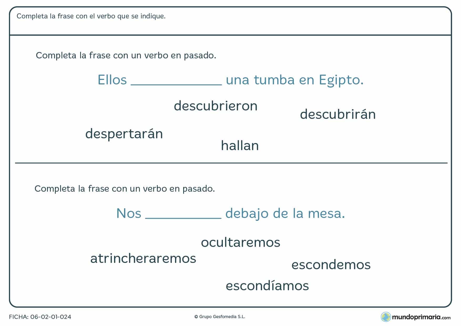Ficha para aprender a colocar el verbo en pasado para Primaria
