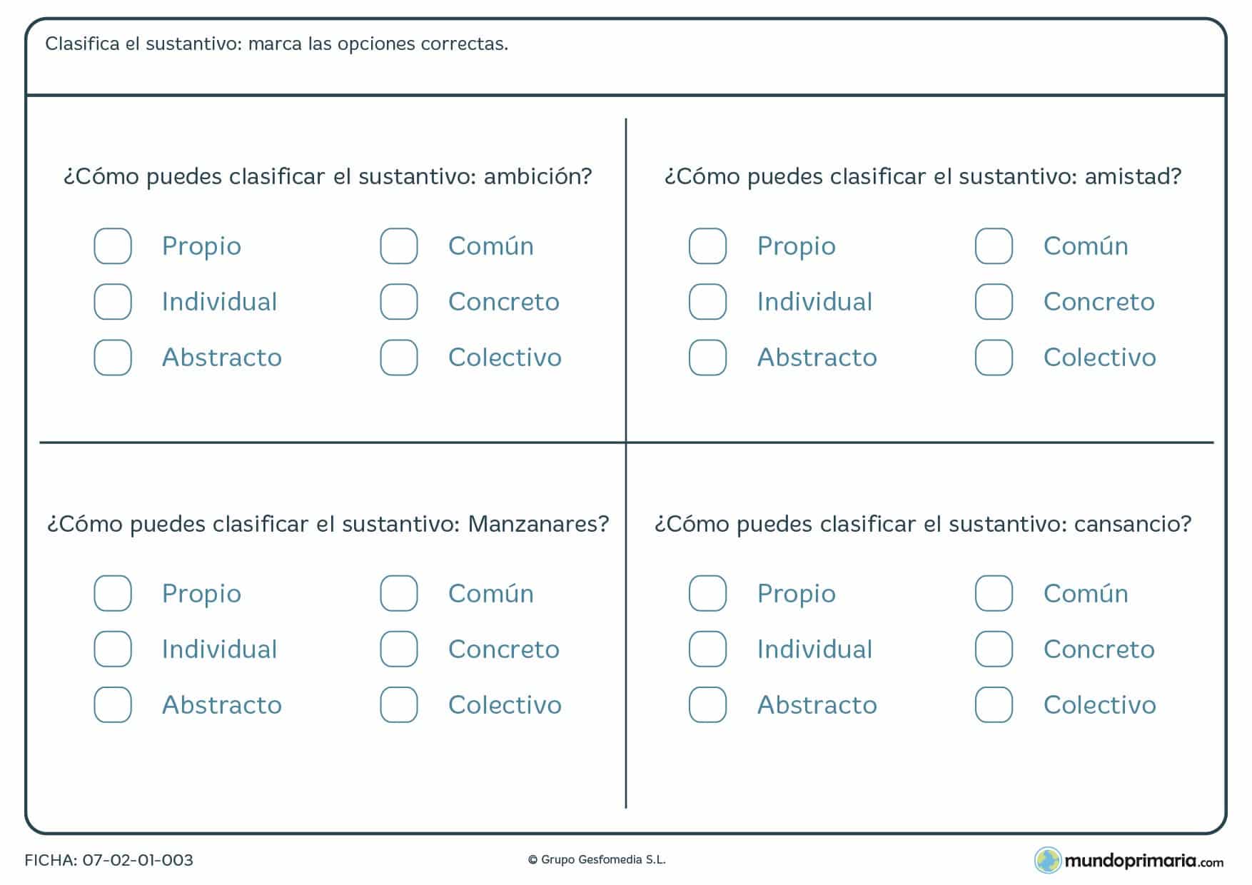 Ficha de clasificar los sustantivos para alumnos de Primaria