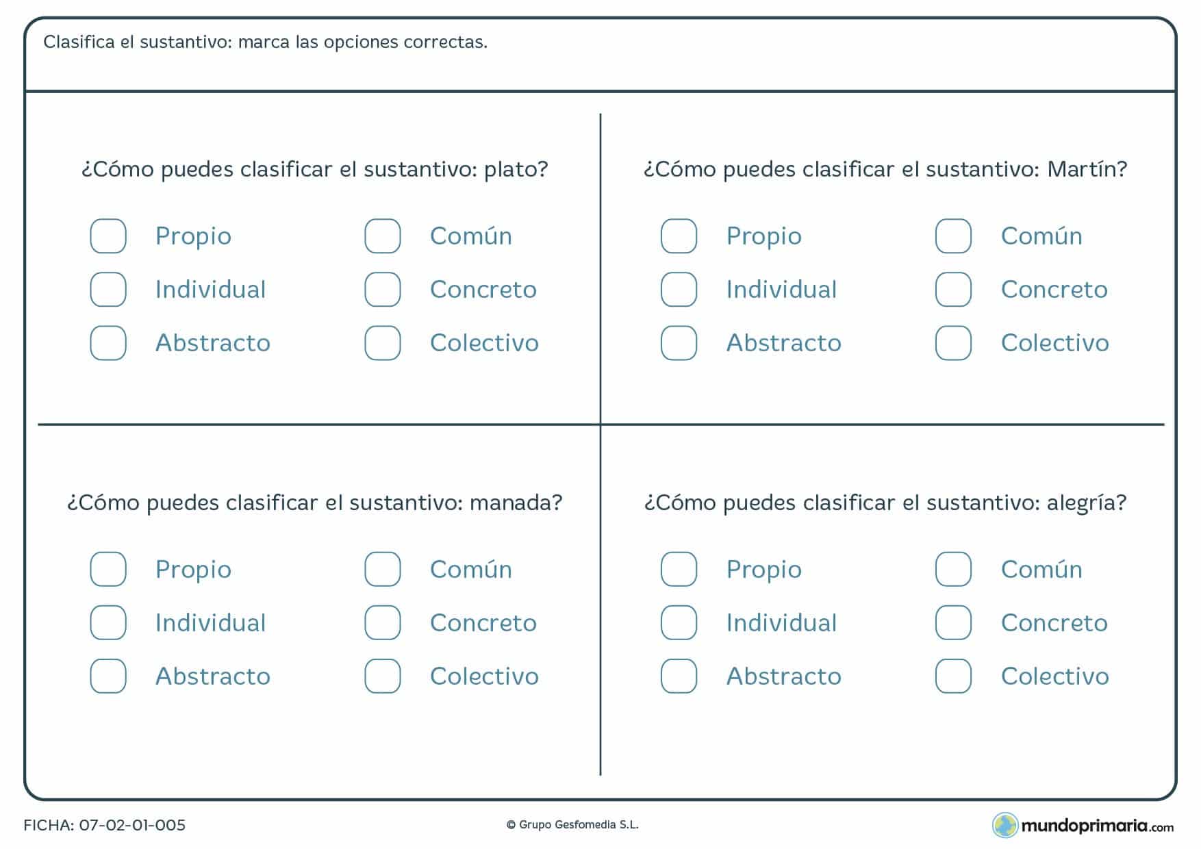 Ficha de diferentes tipos de nombres para niños de 5º de Primaria