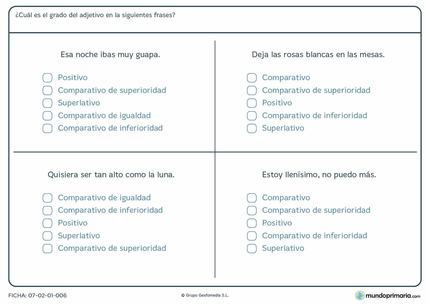 Ficha de posicionar el adjetivo según su grado para 5º curso Primaria