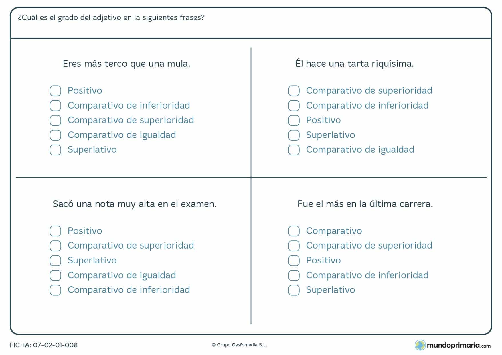 Ficha de frases y grados del adjetivo para niños que estudian Primaria
