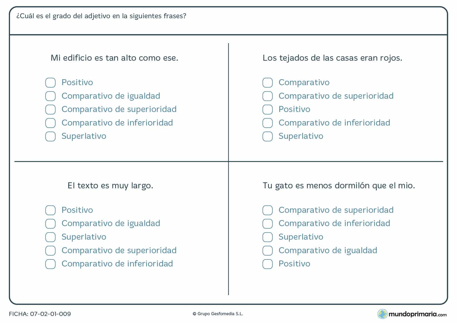 Ficha de adjetivos de grado positivo, comparativo y superlativo