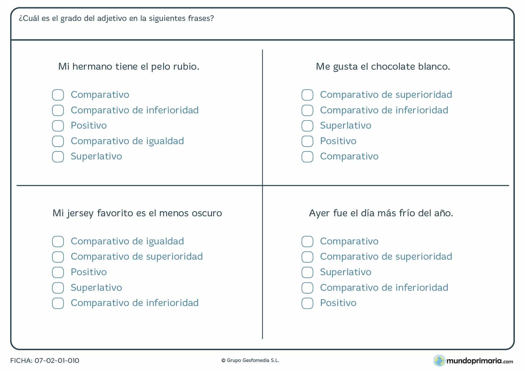 Ficha de marcar el grado del adjetivo de los ejemplos para Primaria