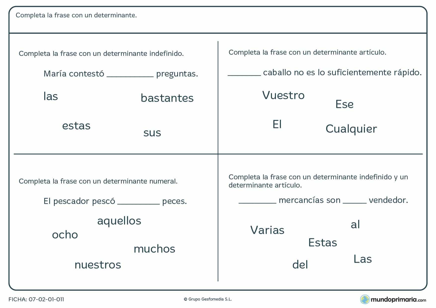 Ficha de completar las frases con un determinante para 5º de Primaria
