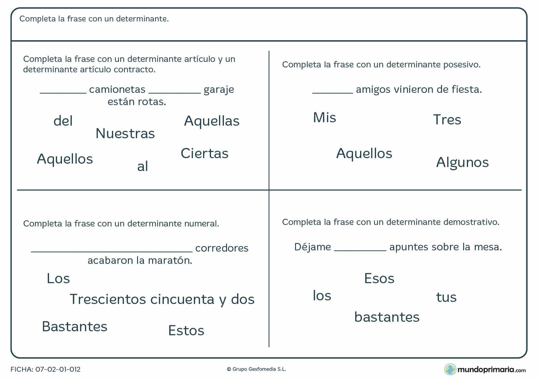 Ficha de determinantes artículos, numerales, posesivos y demostrativos