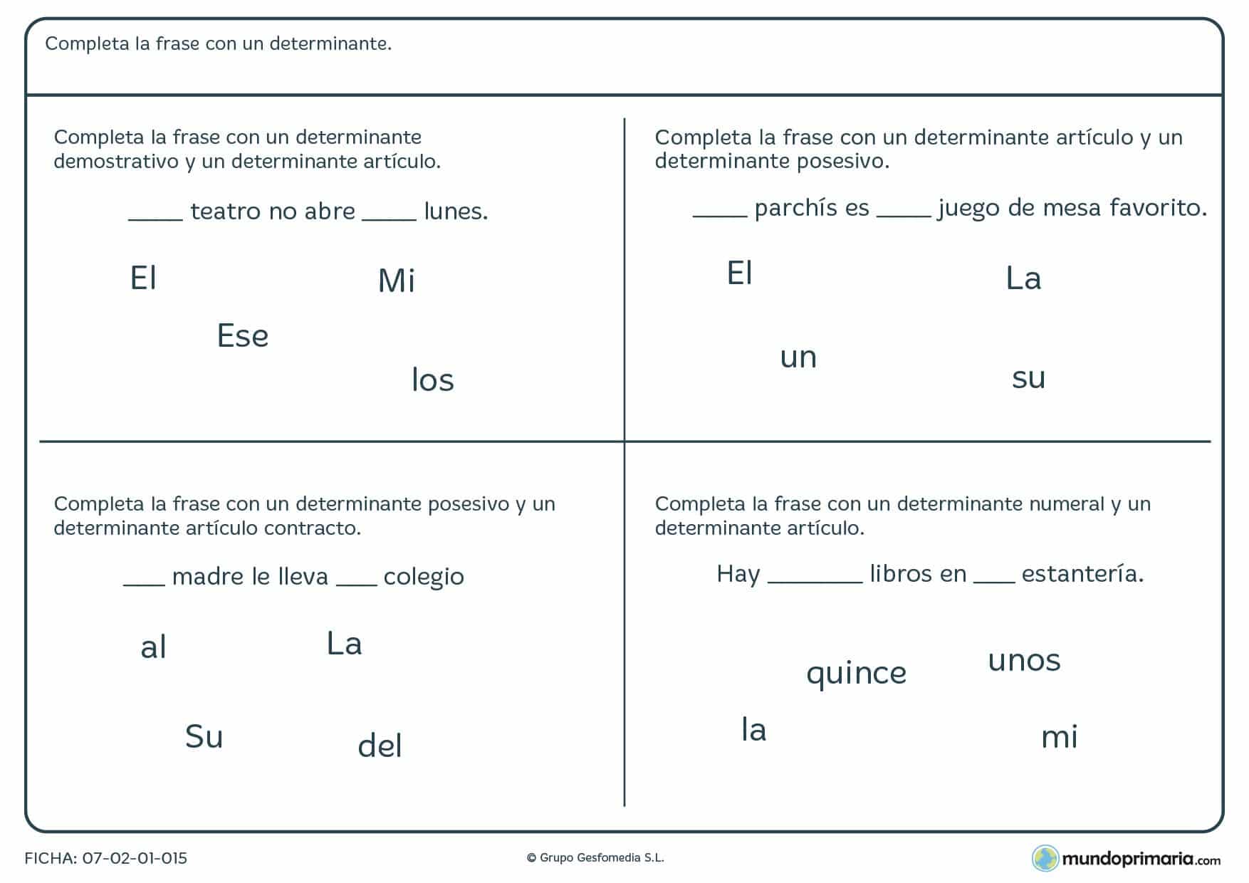 Ficha de lenguaje y gramática para niños de 5º curso de determinantes