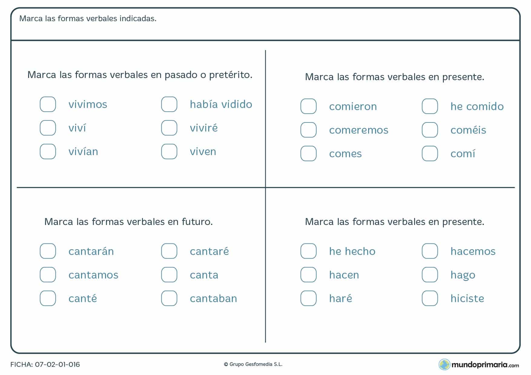 Ficha de marcar las formas verbales que se indican para Primaria