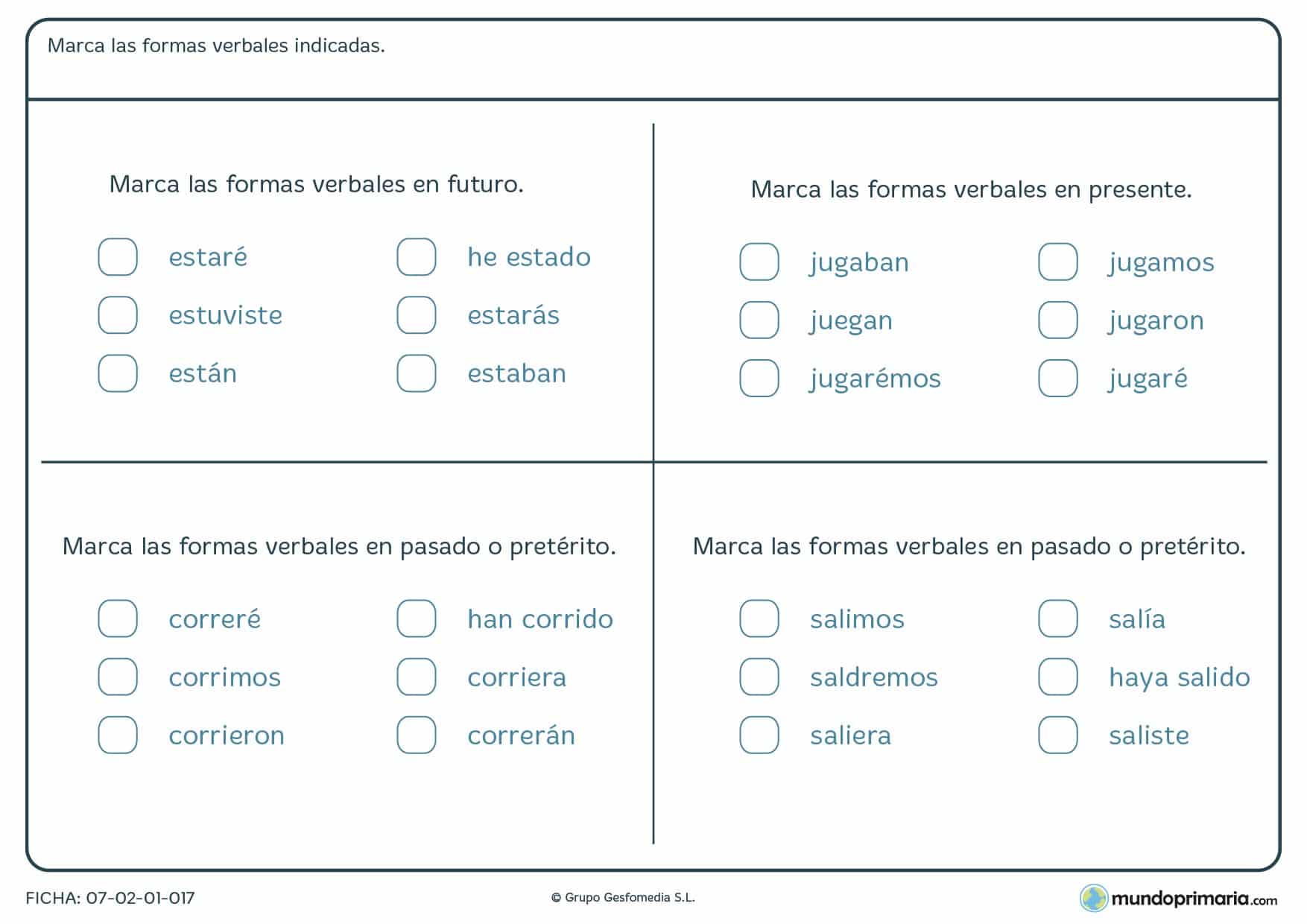 Ficha de verbos en futuro, pasado o presente para 5º curso de Primaria