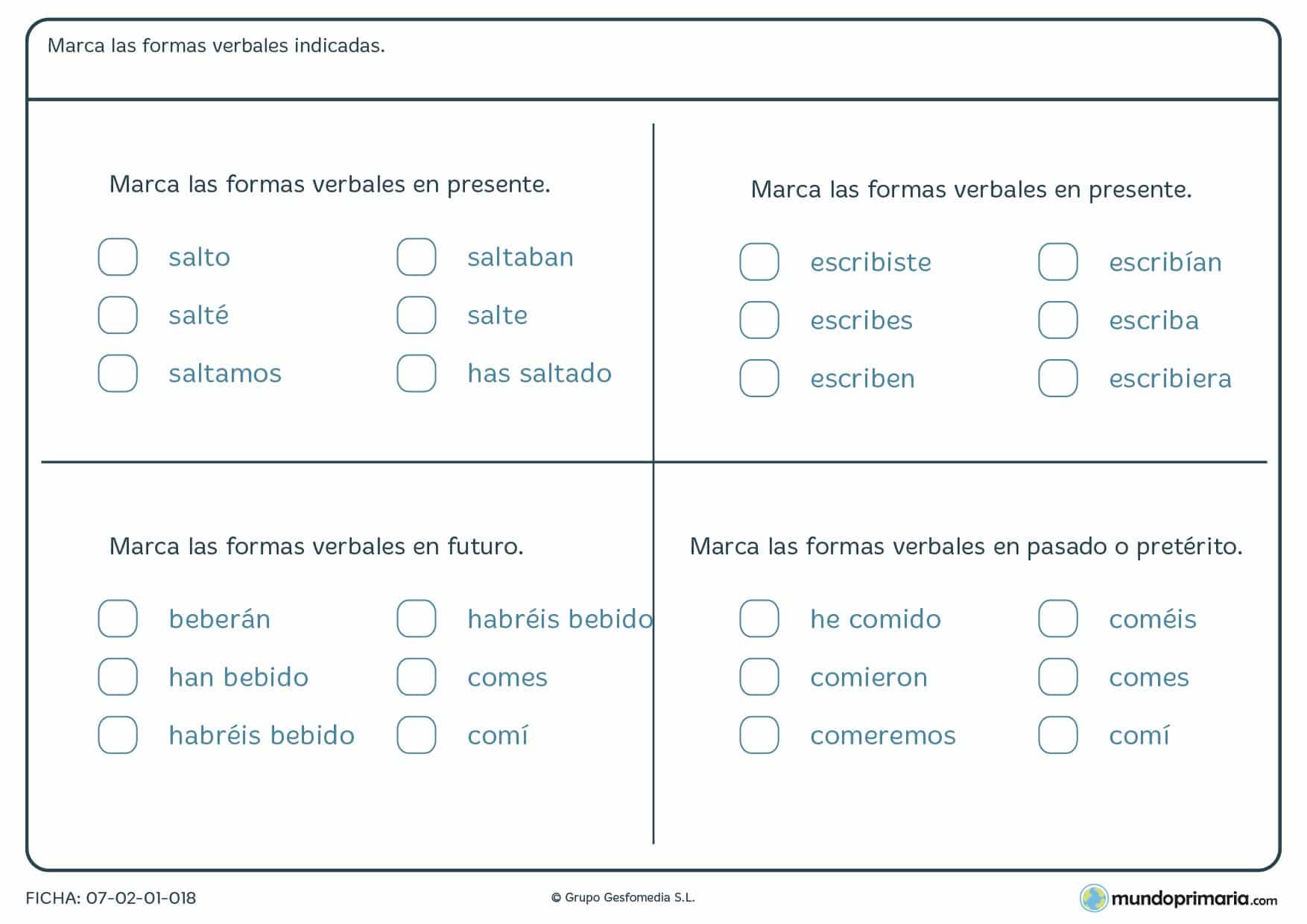 Ficha de gramática para aprender las formas verbales para Primaria