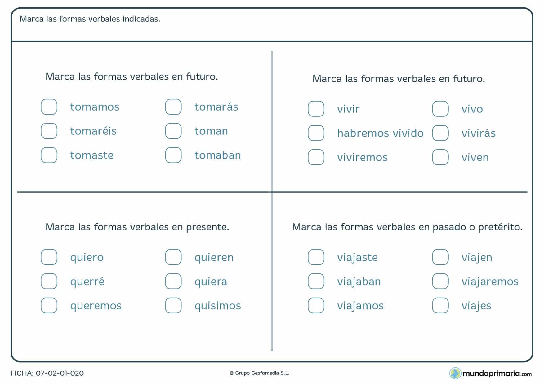 Ficha de presente, pretérito y futuro para niños de 5º curso