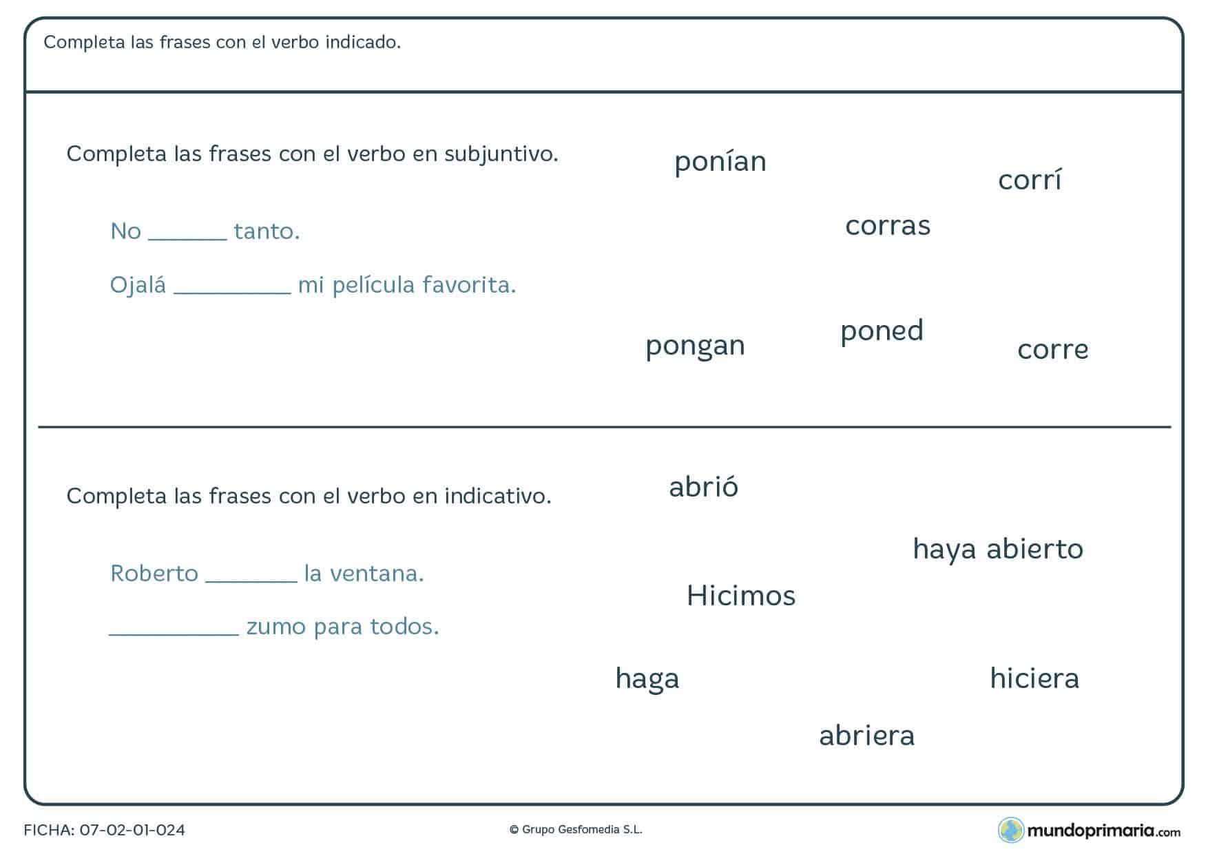 Ficha de verbos en subjuntivo e indicativo para niños de 5º Primaria