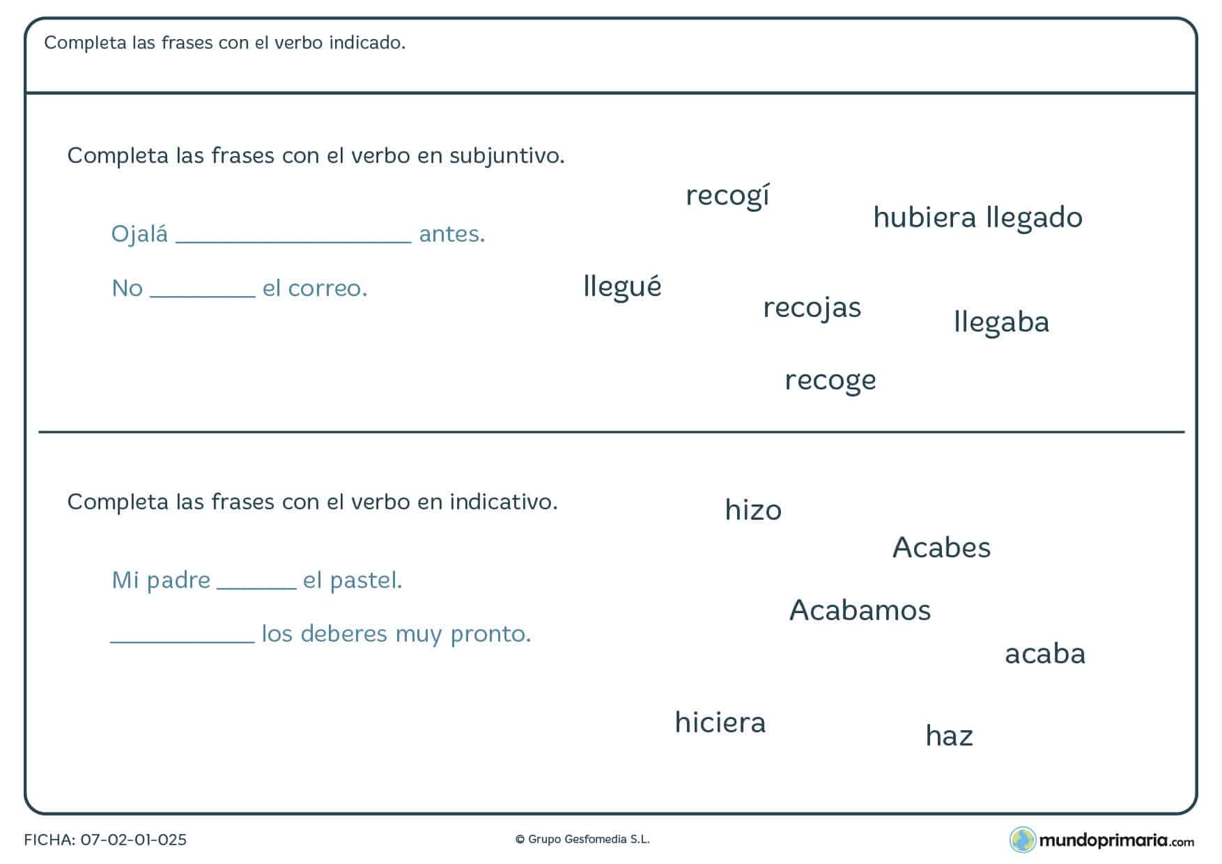 Ficha de elegir el verbo en su forma correcta para niños de Primaria