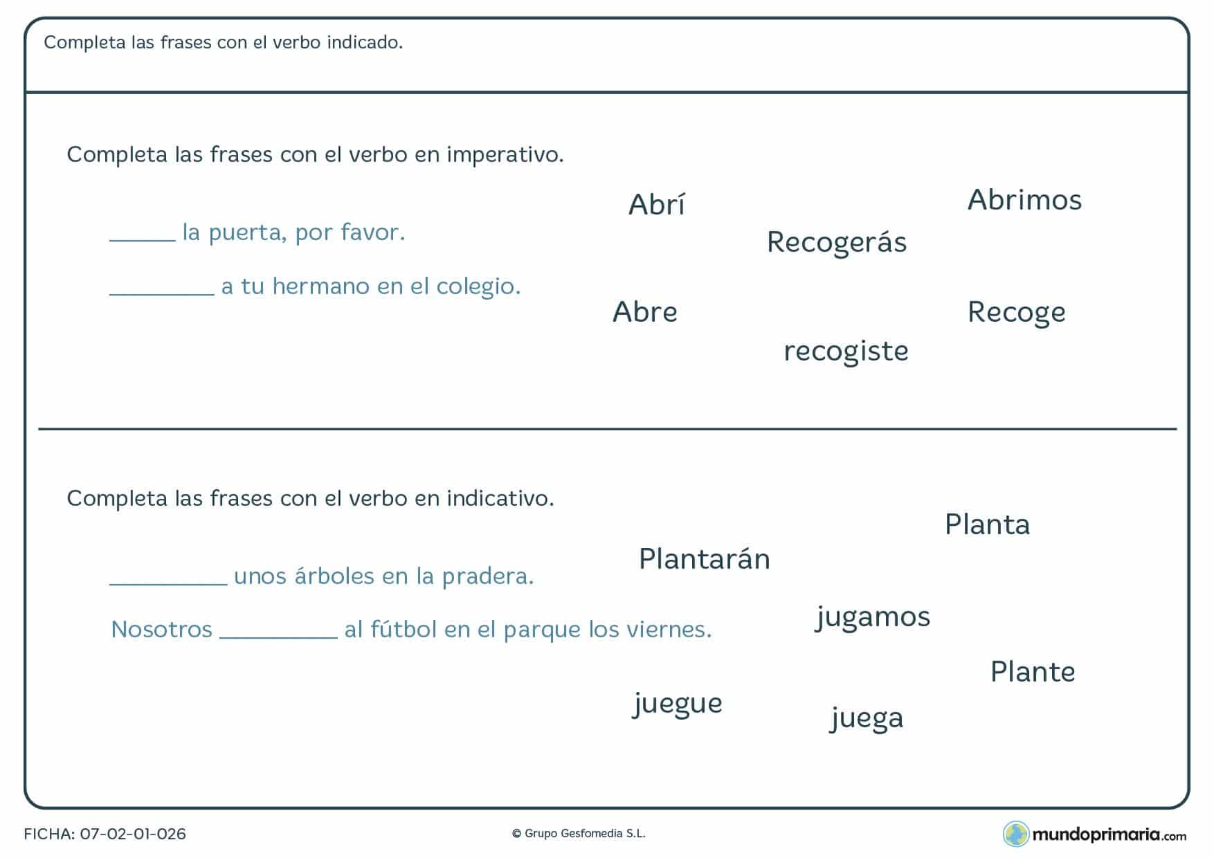 Ficha de verbos en imperativo e indicativo para alumnos de Primaria